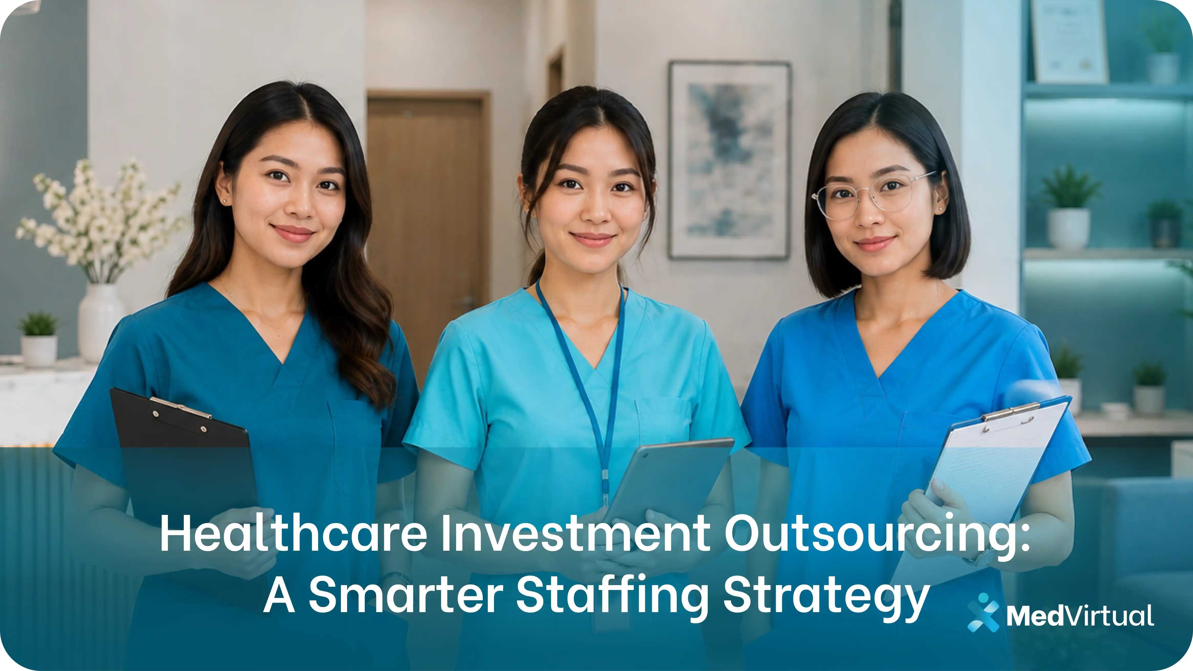 an image of three remote virtual staff holding clipboards and a tablet, representing a dedicated healthcare investment outsourcing team placed into a us medical practice