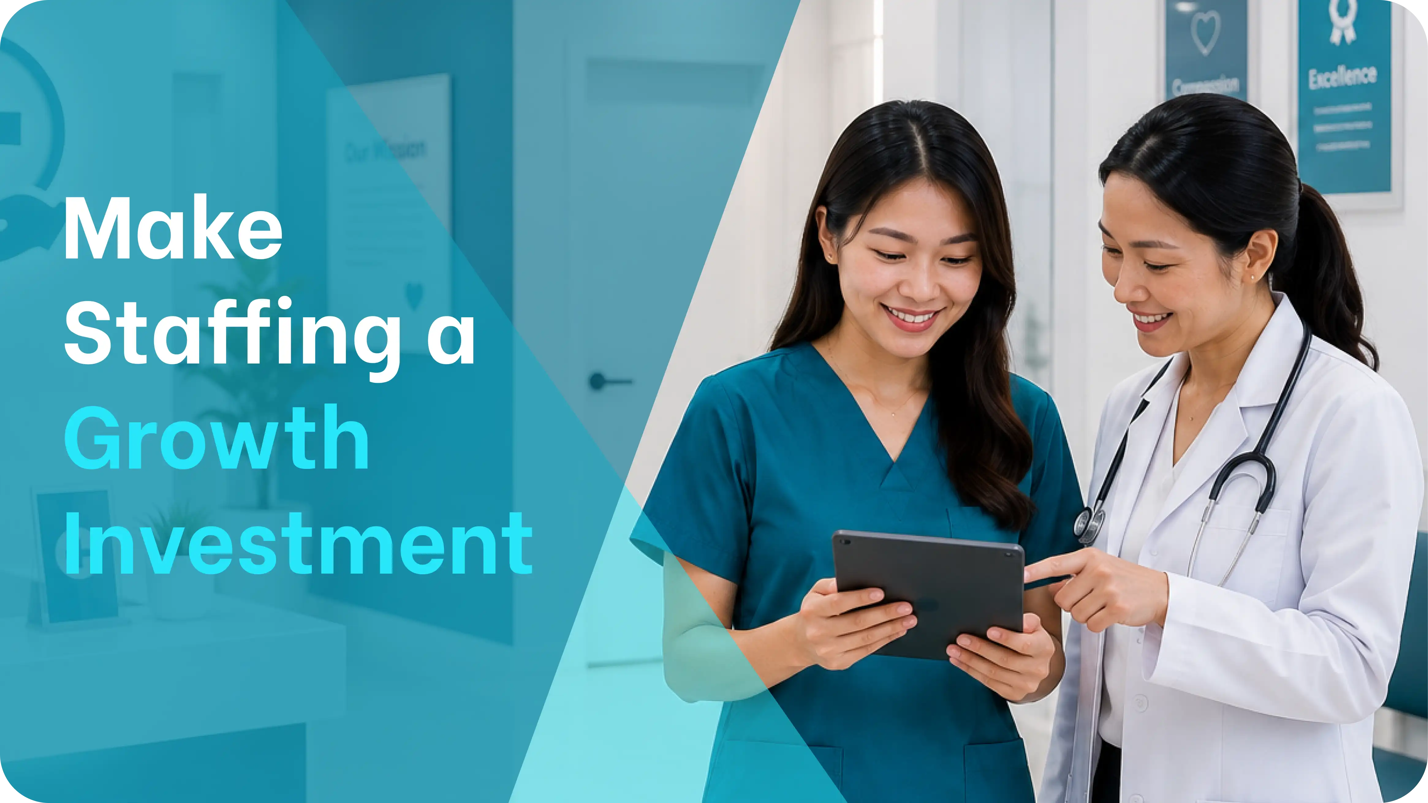 a physician and virtual assistant reviewing a staffing plan on a tablet in a medical practice hallway