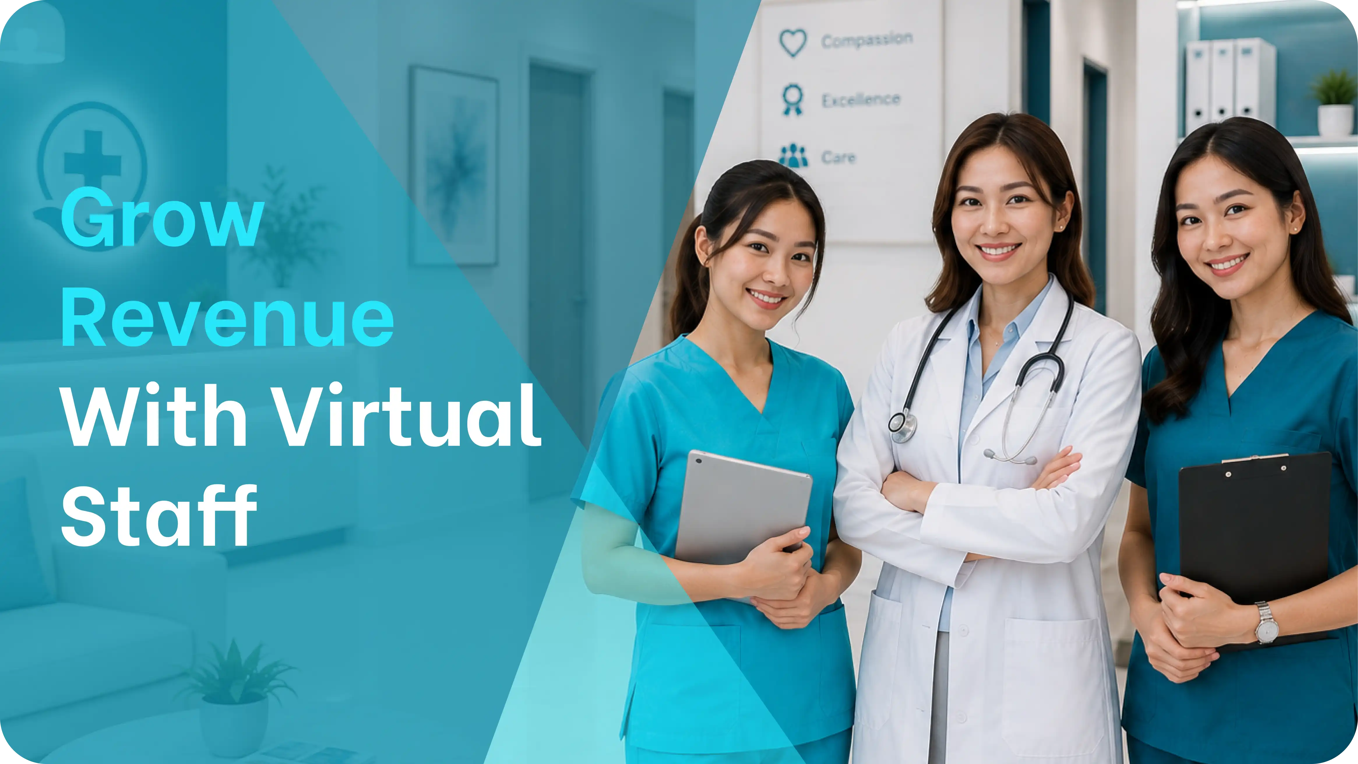 photo of physician and two virtual staff membersstanding in a medical practice hallway