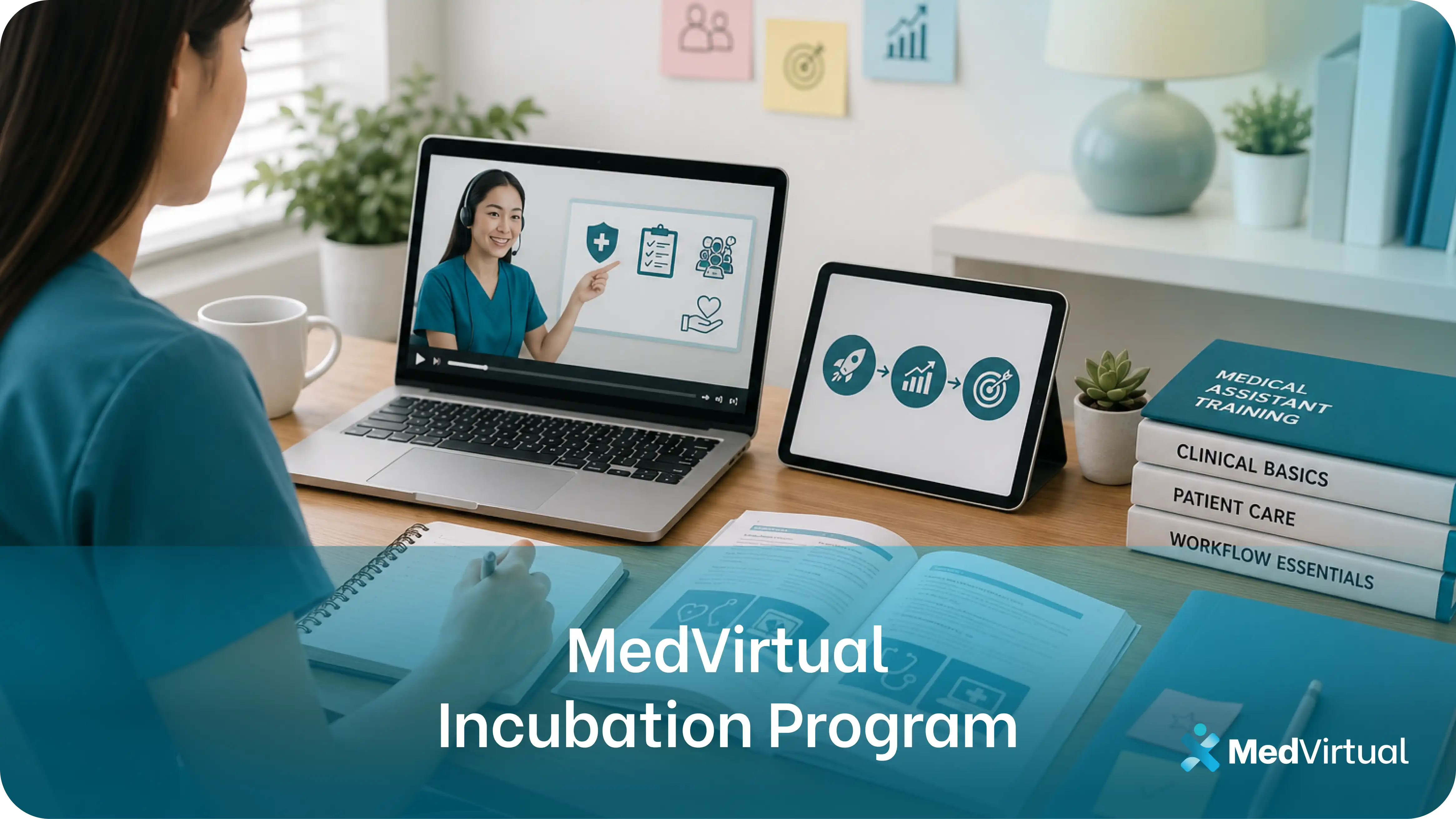 a virtual assistant completing medvirtual incubation program training on a laptop with medical assistant training books, clinical basics materials, and a performance progression tablet beside her