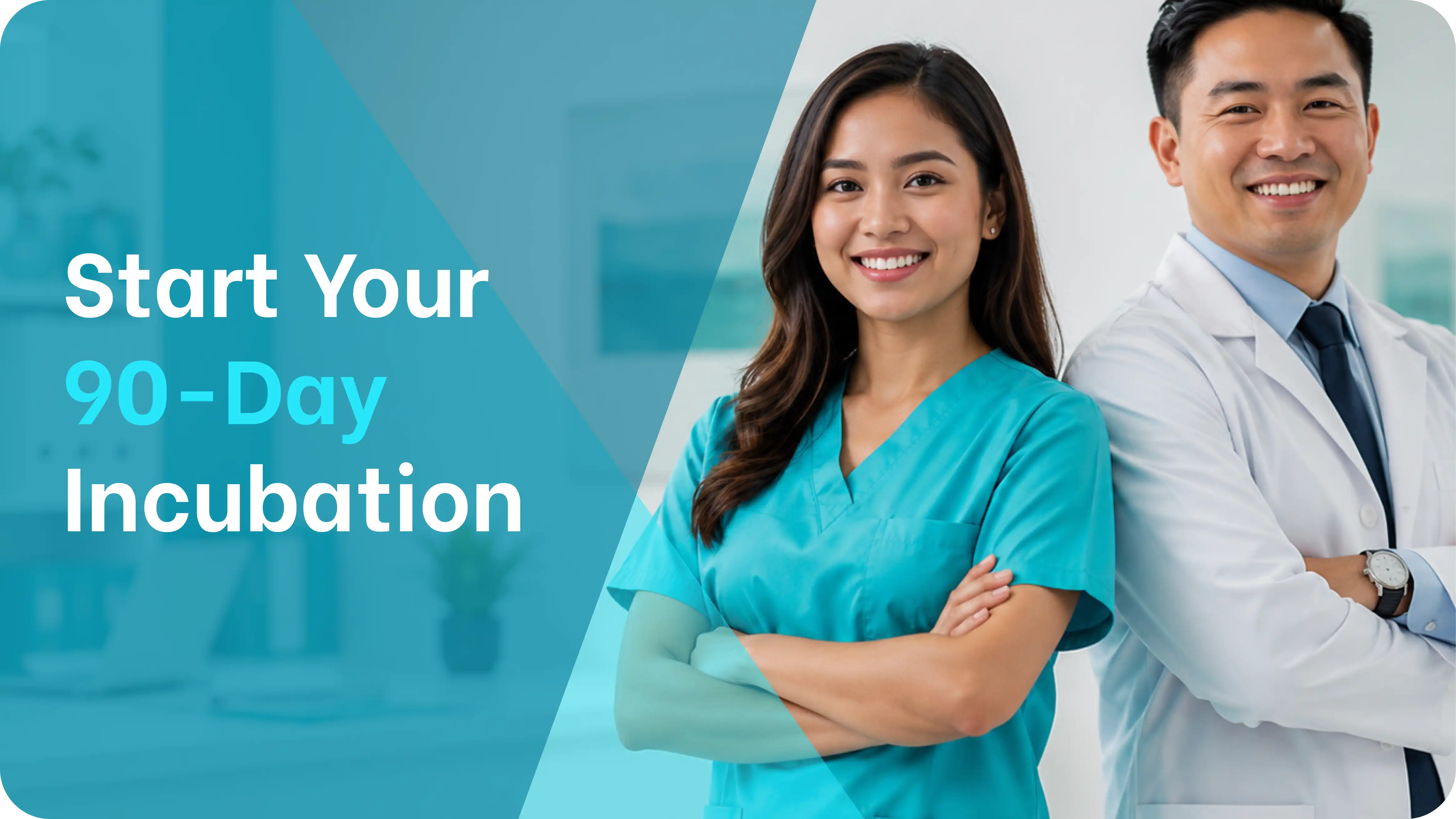 a virtual assistant and physician standing confidently back to back, representing the structured 90-day medvirtual incubation program partnership
