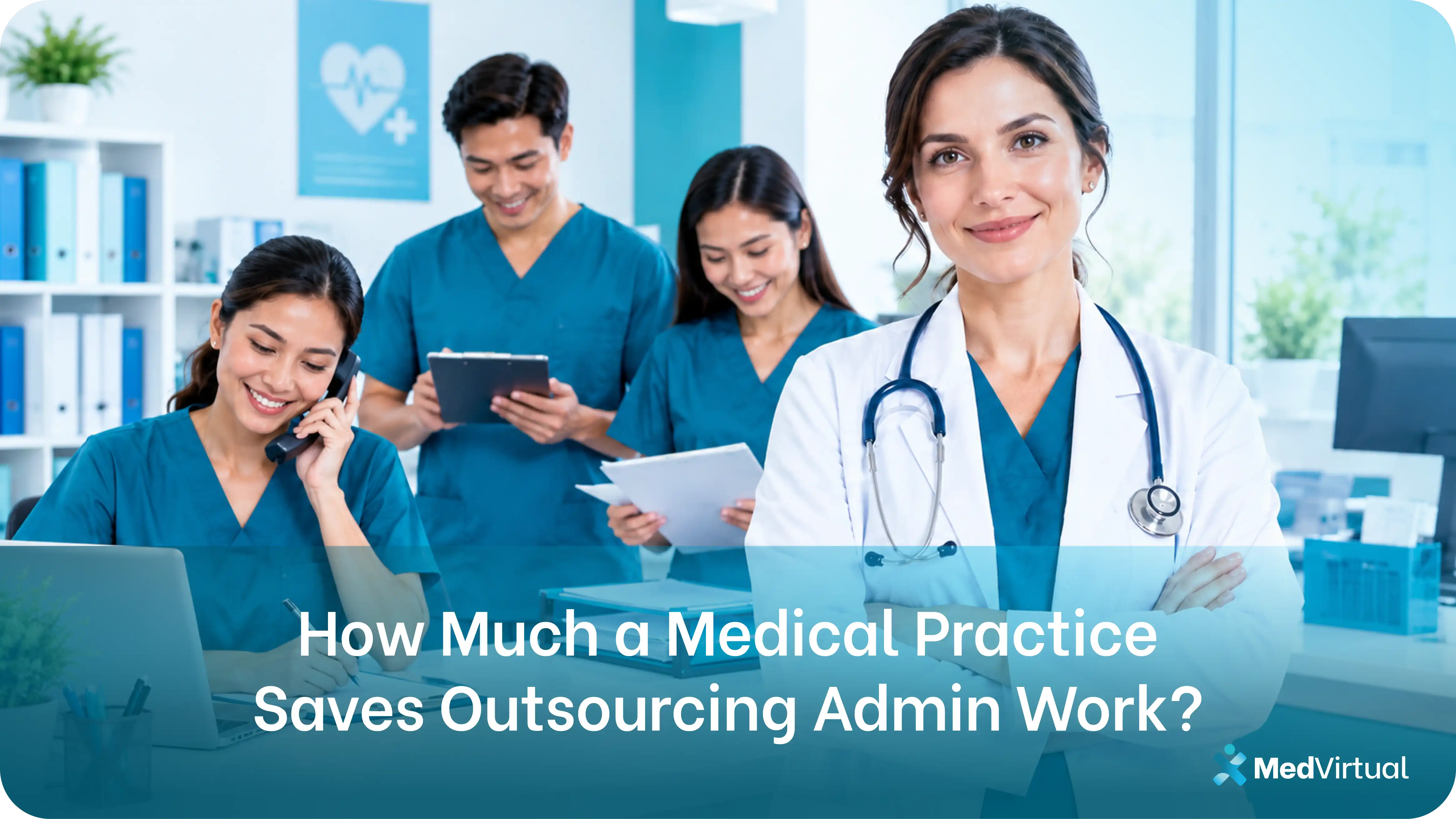 an image of medical practice team including a physician and administrative staff handling phone calls and patient documentation.