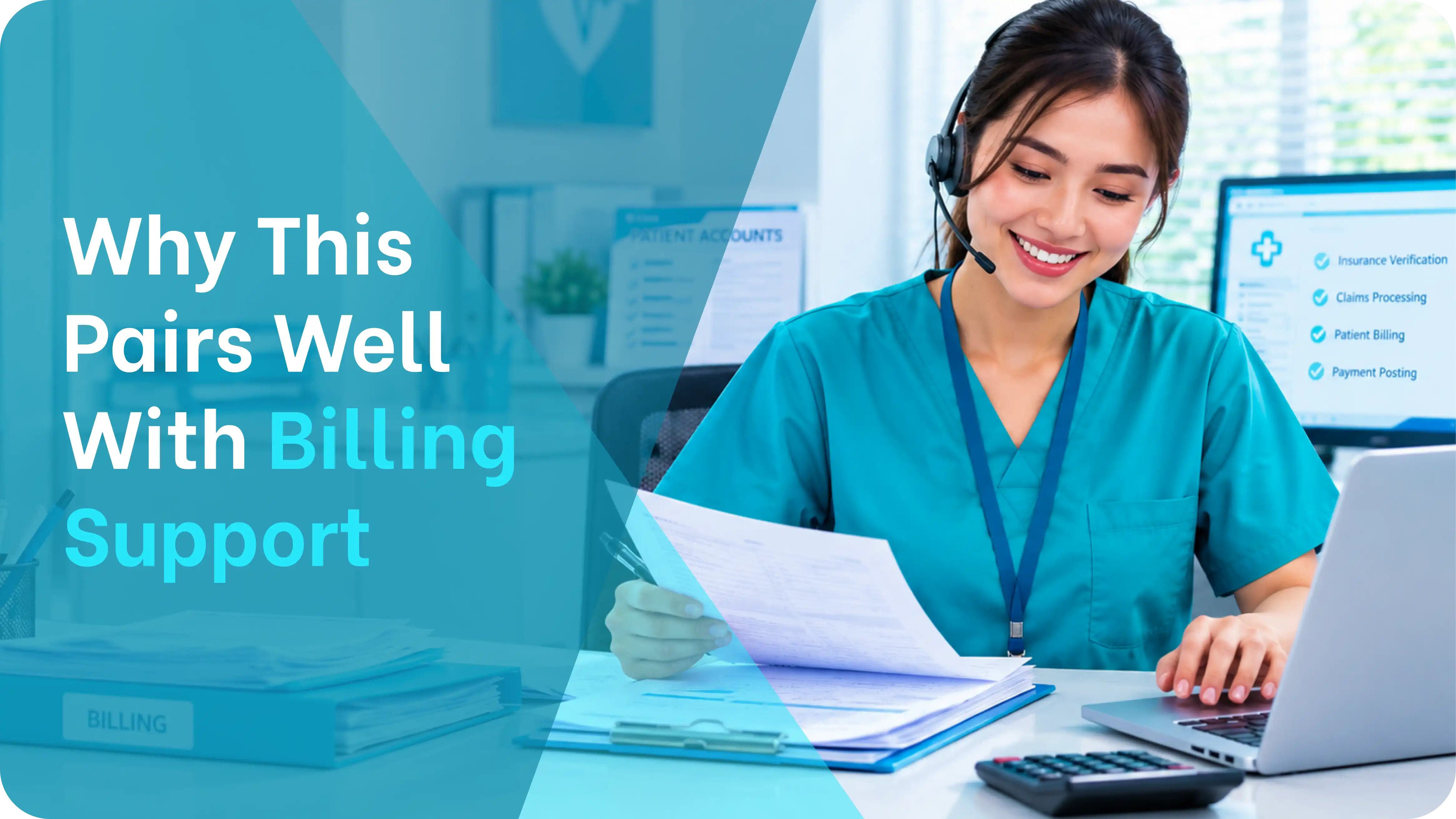 a virtual assistant reviewing billing documents next to a screen showing tasks that pair well with handling prior authorizations.