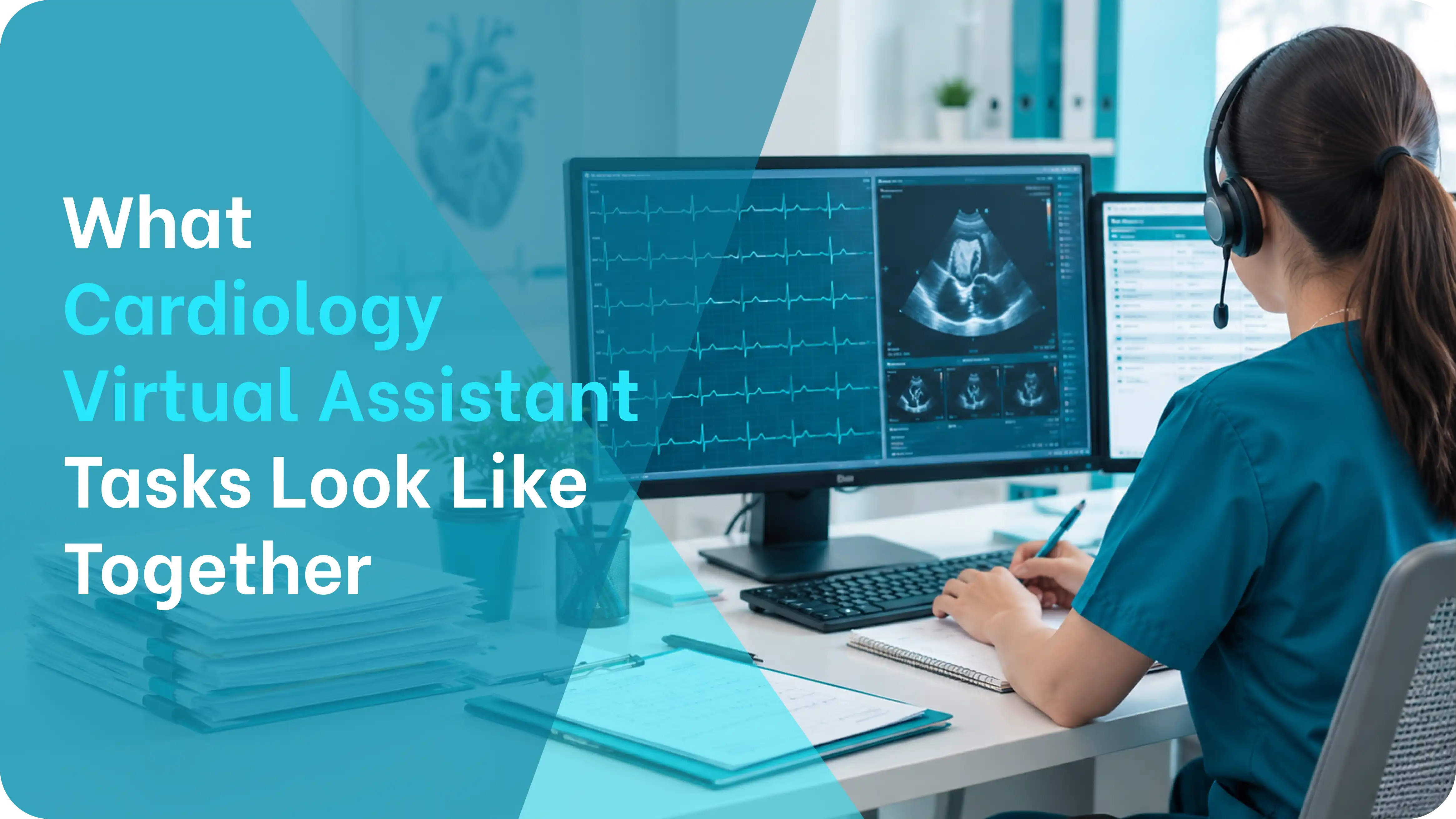 a cardiology virtual assistant with headset reviewing ekg readings and echocardiogram images on a dual monitor setup while documenting patient notes.