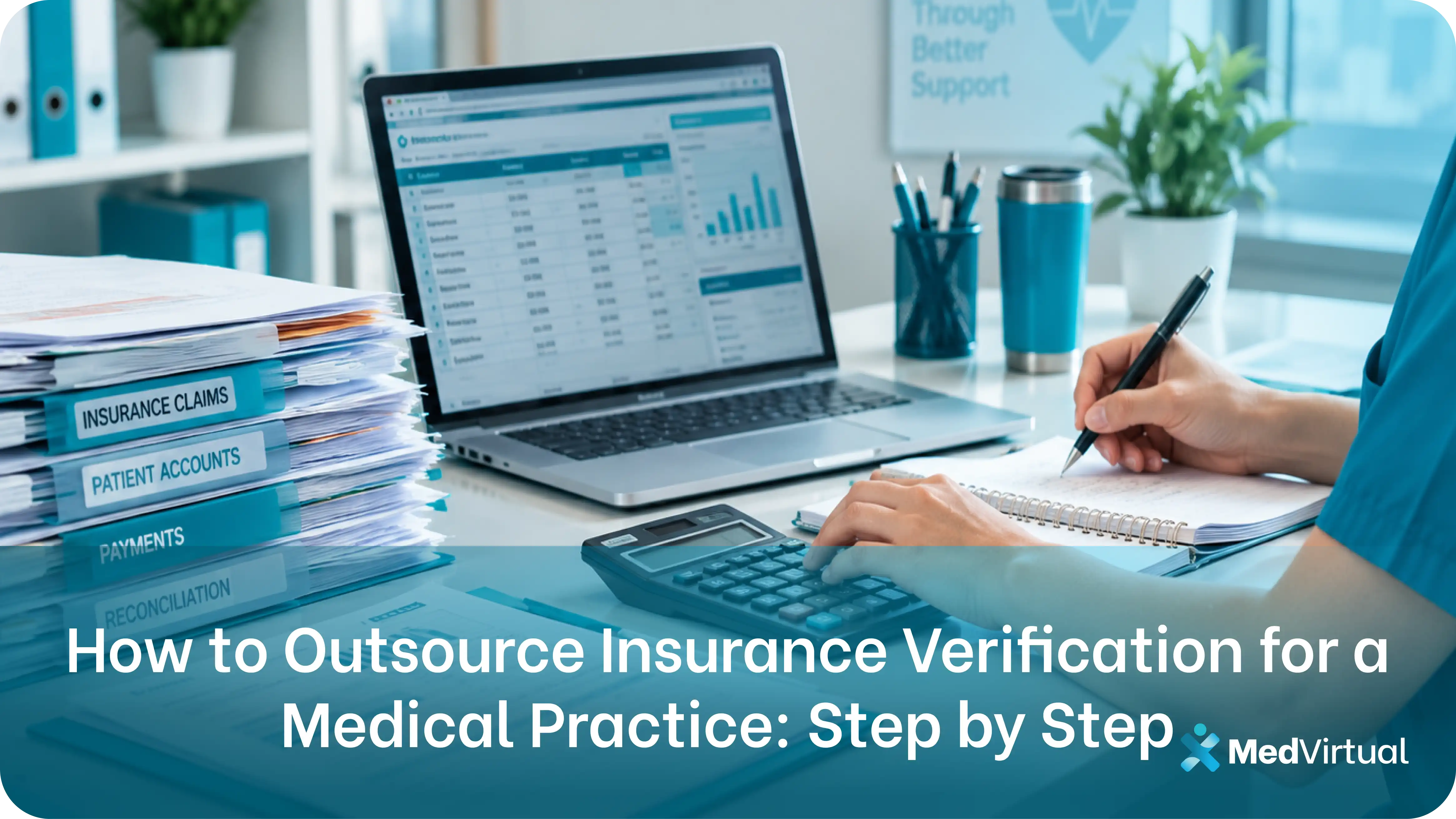 a virtual assistant reviewing insurance claim folders and using a calculator beside a laptop showing billing data, illustrating how to outsource insurance verification for a medical practice.