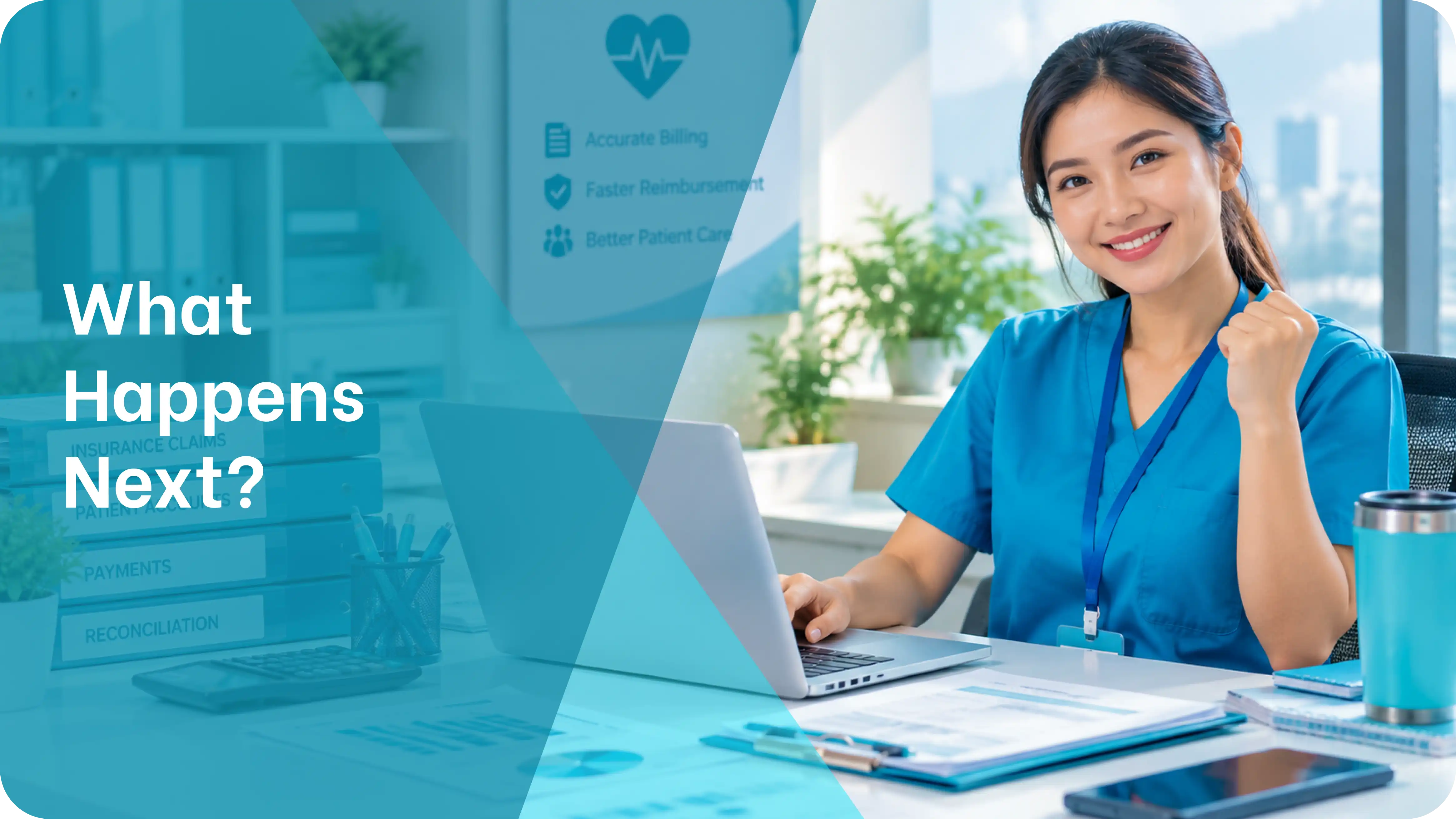 a confident virtual assistant at a laptop next to a graphic showing accurate billing, faster reimbursement, and better patient care benefits of outsourcing insurance verification for a medical practice.