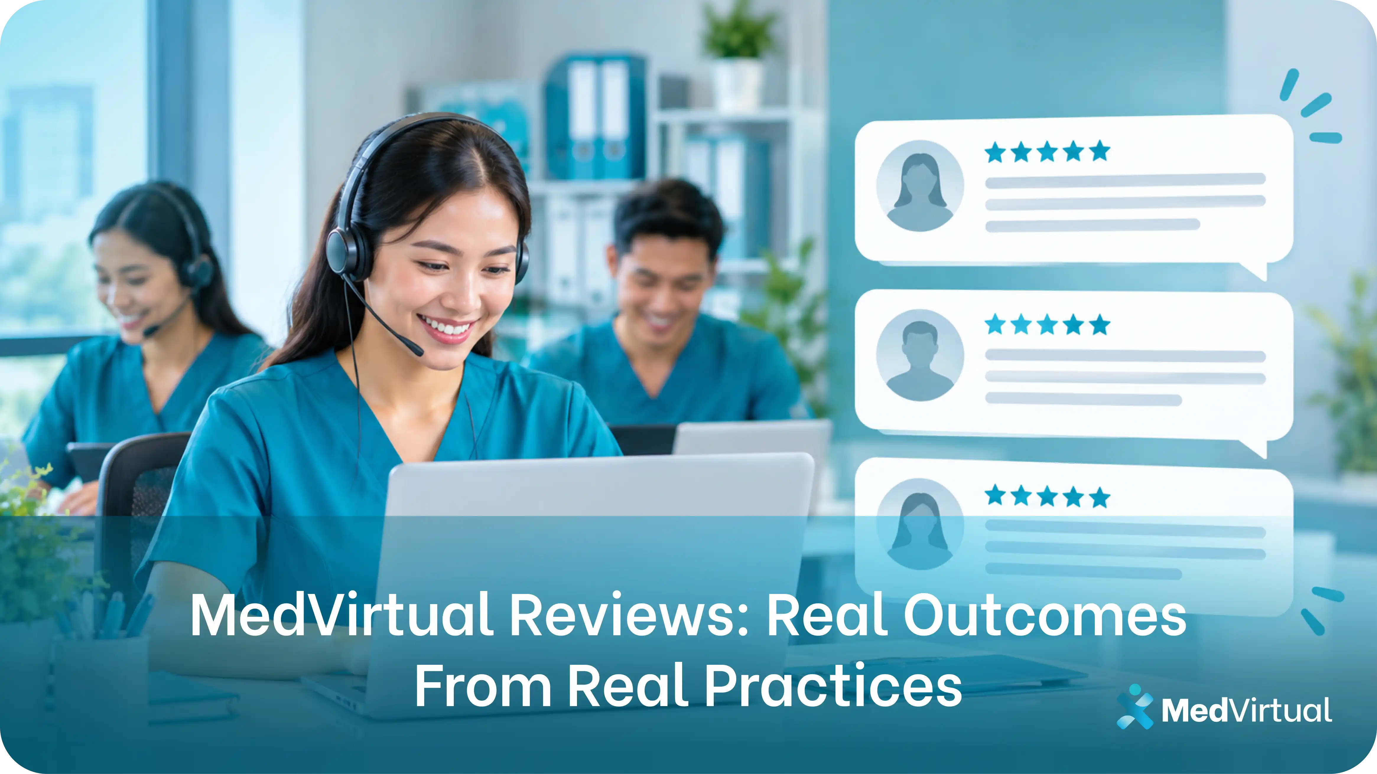 three virtual assistants at a laptop beside colleagues in a bright office, next to five-star review cards representing medvirtual reviews from real practices.