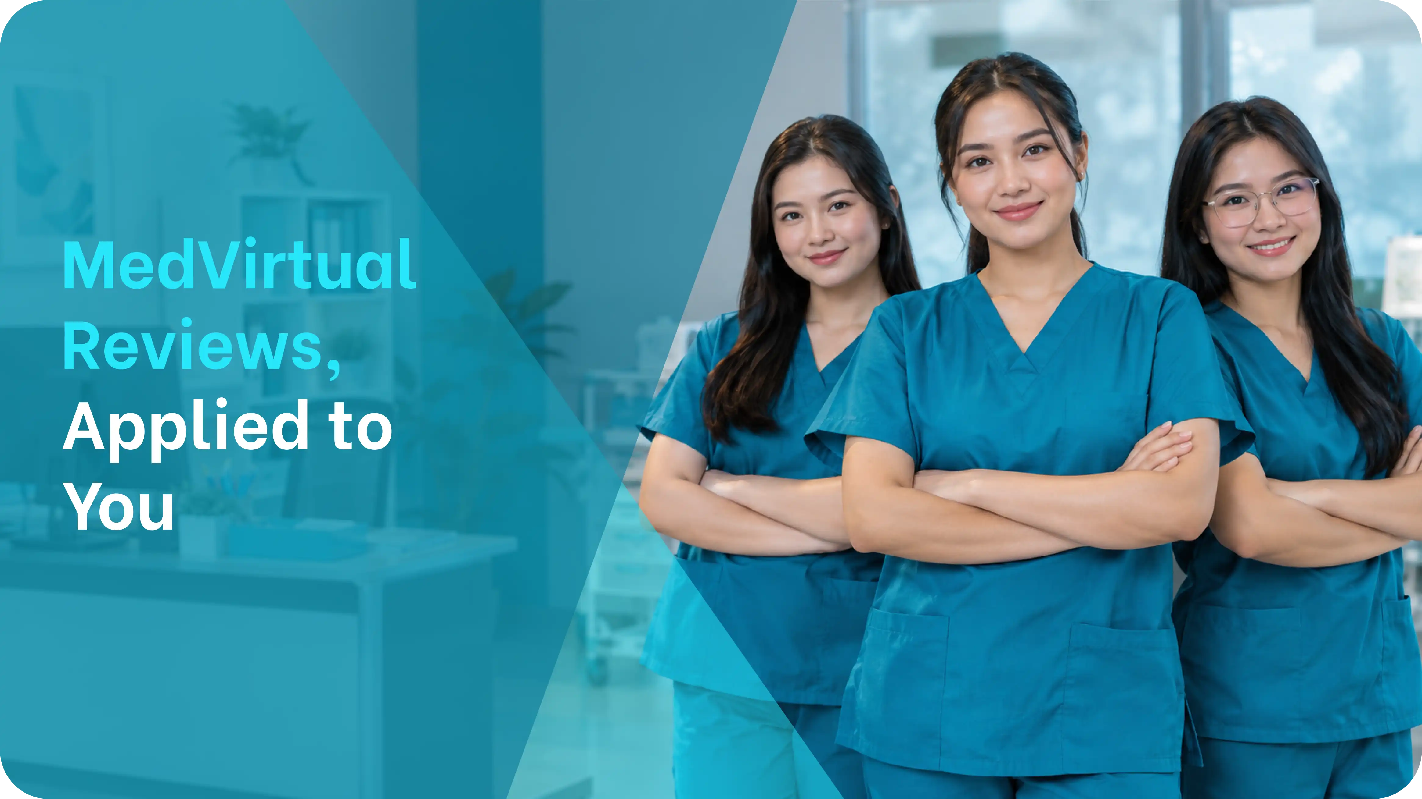 three virtual assistants in scrubs standing with arms crossed in a clinic, showing the dedicated team behind medvirtual reviews from us medical practices.