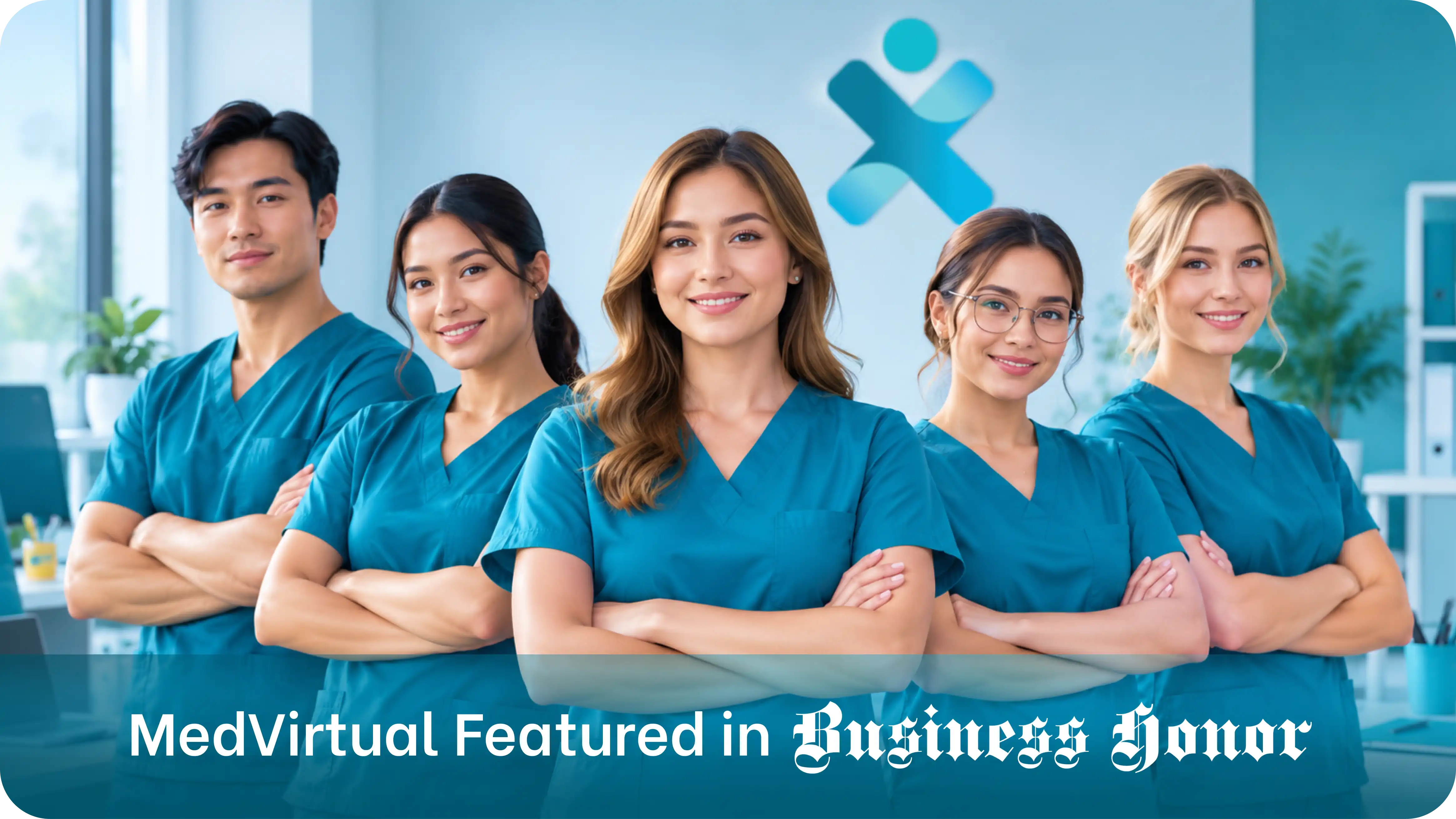team of five virtual healthcare staff standing in front of a medvirtual logo, representing medvirtual featured in business honor for virtual healthcare staffing