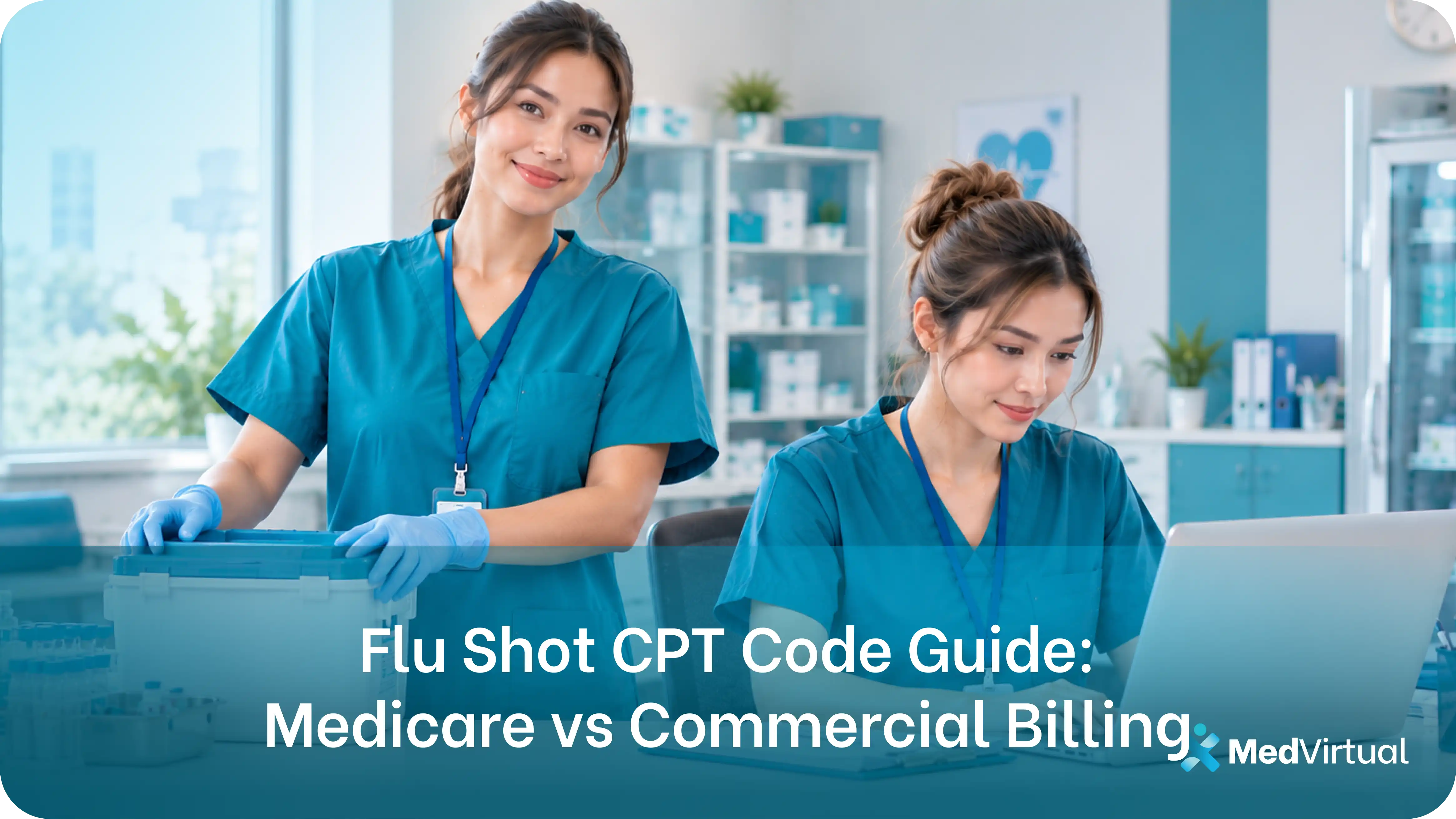 an image of two medical staff holding a vaccine supply cooler and one entering data on a laptop, illustrating flu shot cpt code billing for medicare and commercial payers.