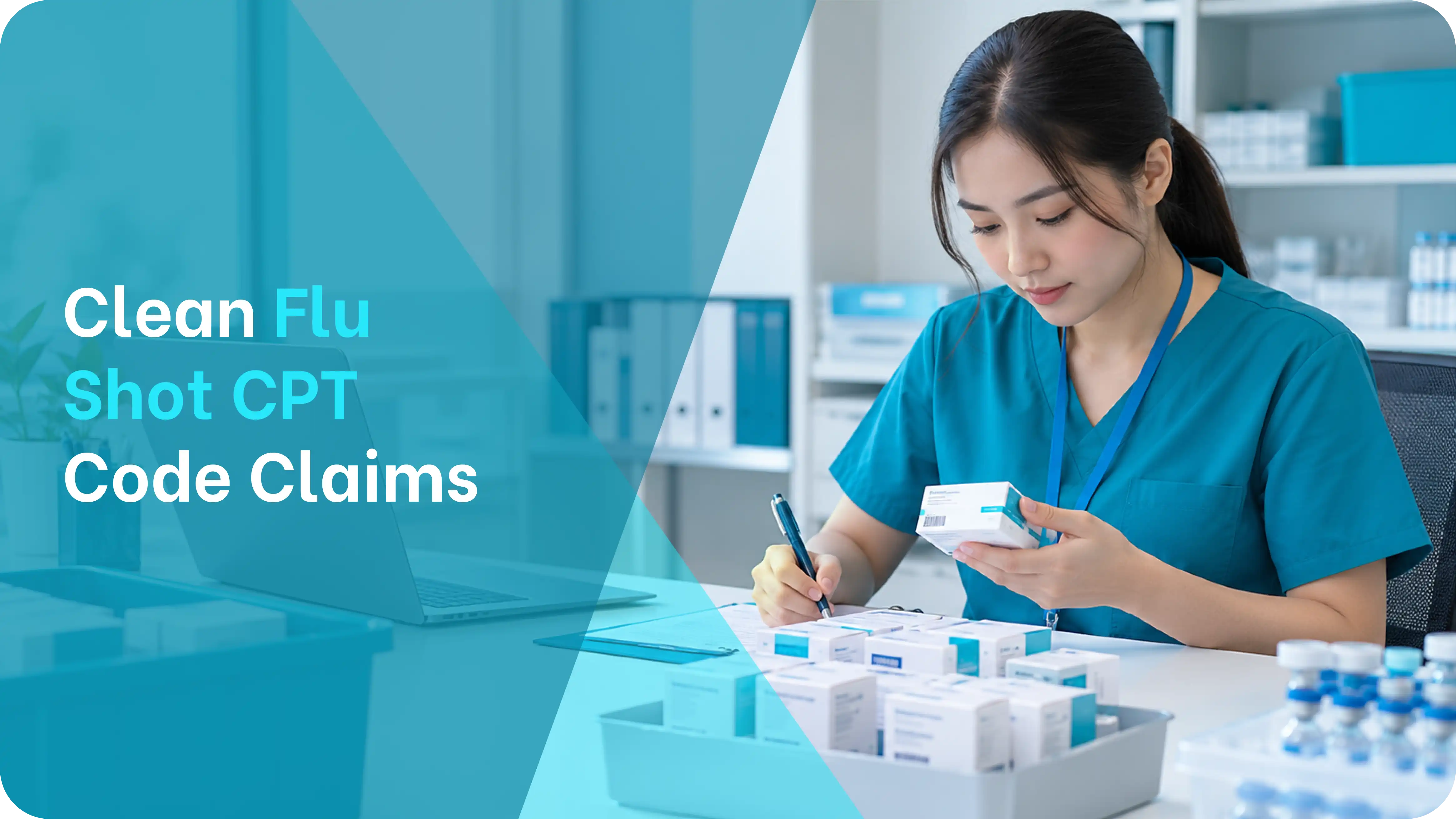 an image of a medical staff member checking a flu vaccine box and taking notes at a desk with vials