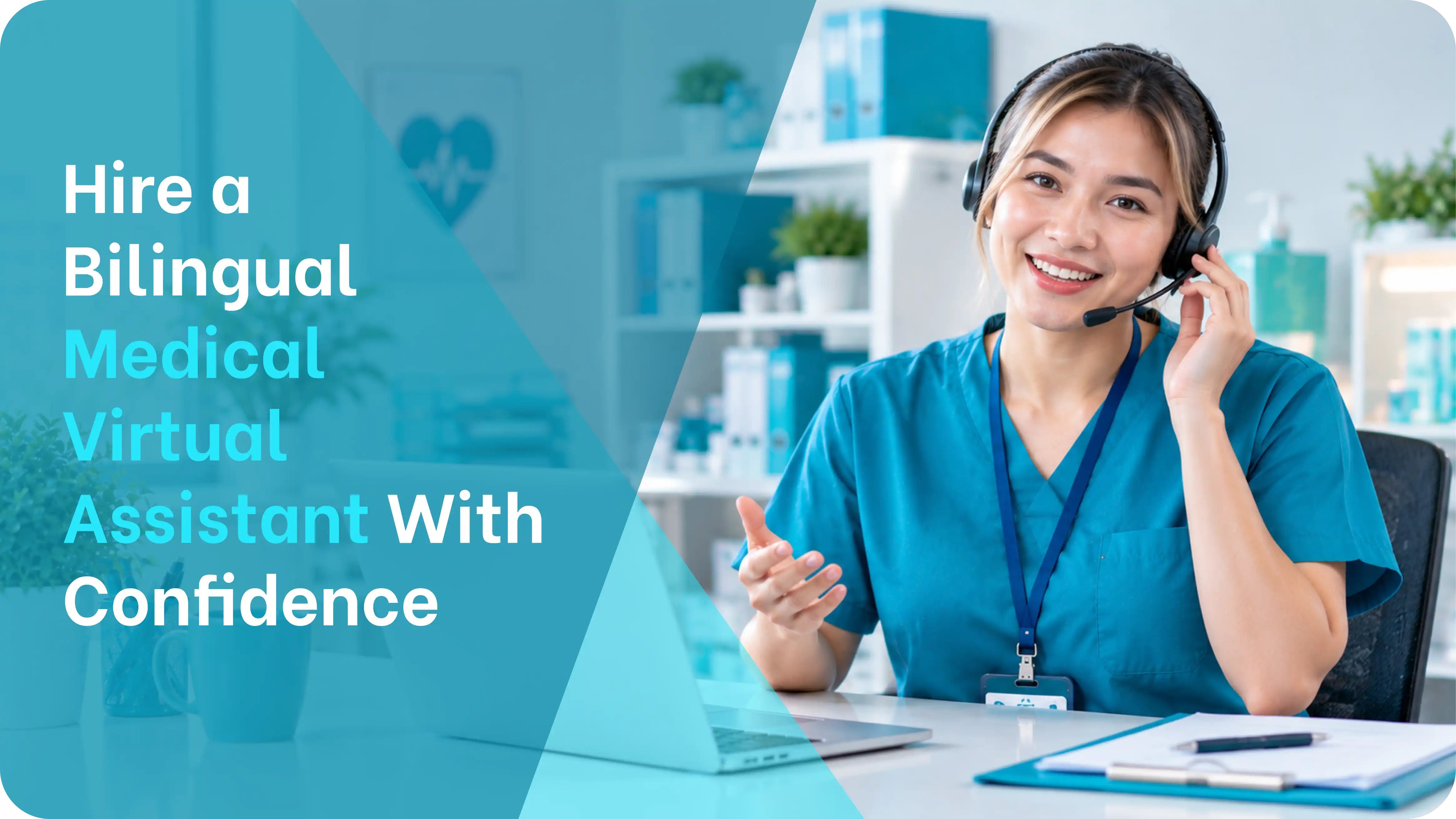 a bilingual medical virtual assistant on a patient call at a desk with a laptop and clipboard, ready to handle scheduling and intake in two languages