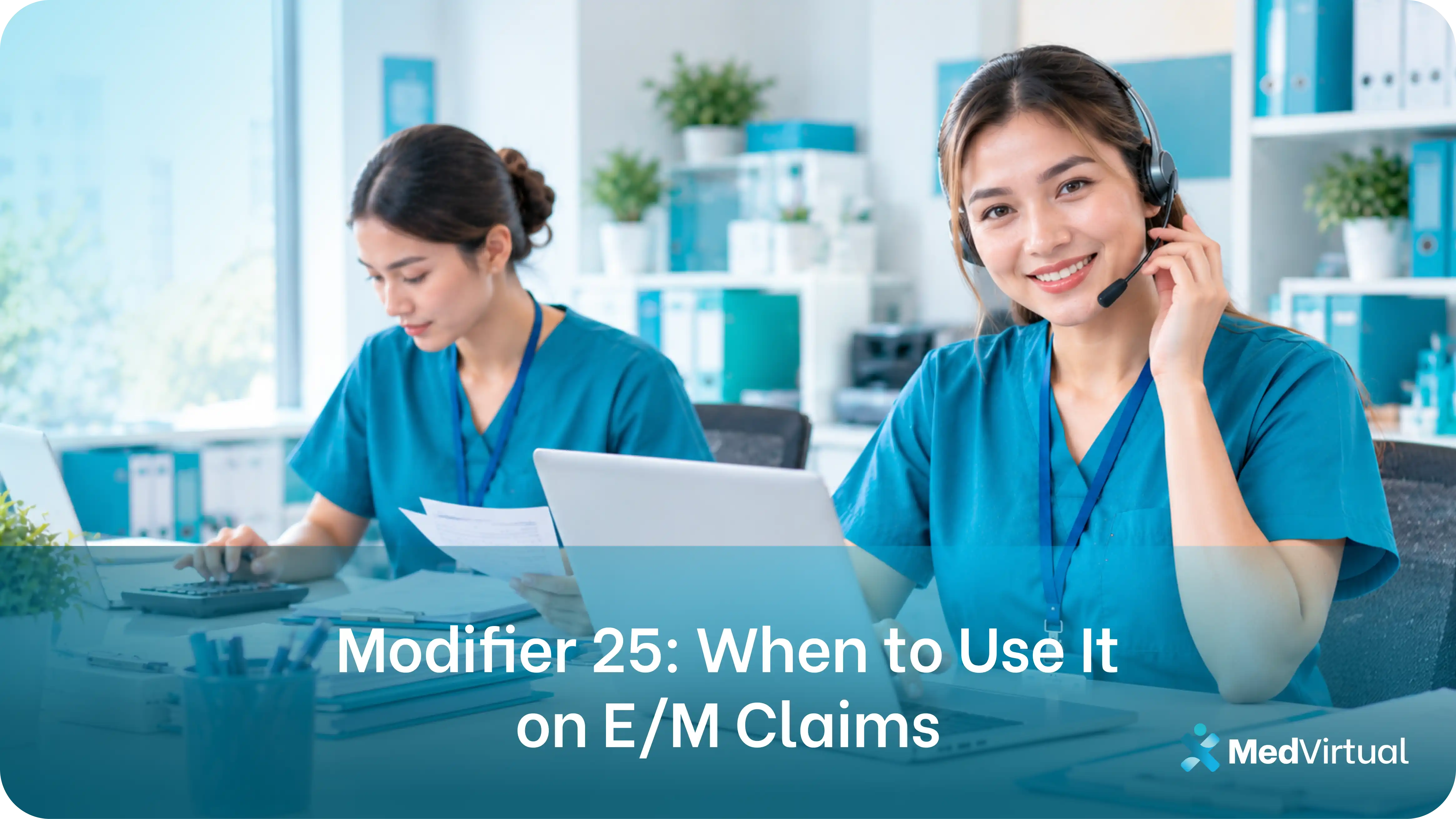 two medical billing staff, one with a headset at a laptop and one using a calculator while reviewing claim documents, illustrating when to use modifier 25 on e/m claims.
