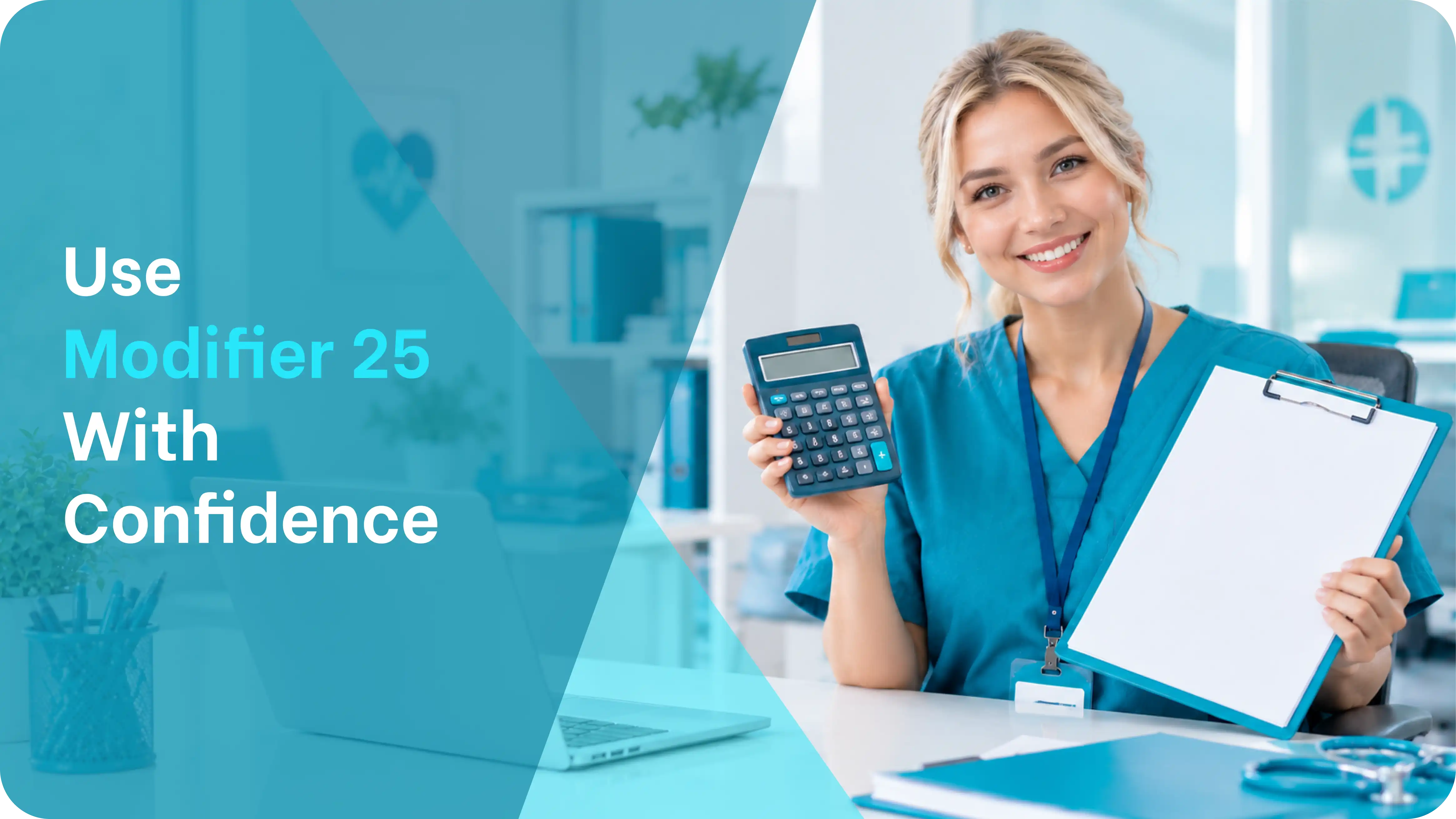 a medical billing specialist holding a calculator and a blank clipboard, representing how to use modifier 25 with confidence.