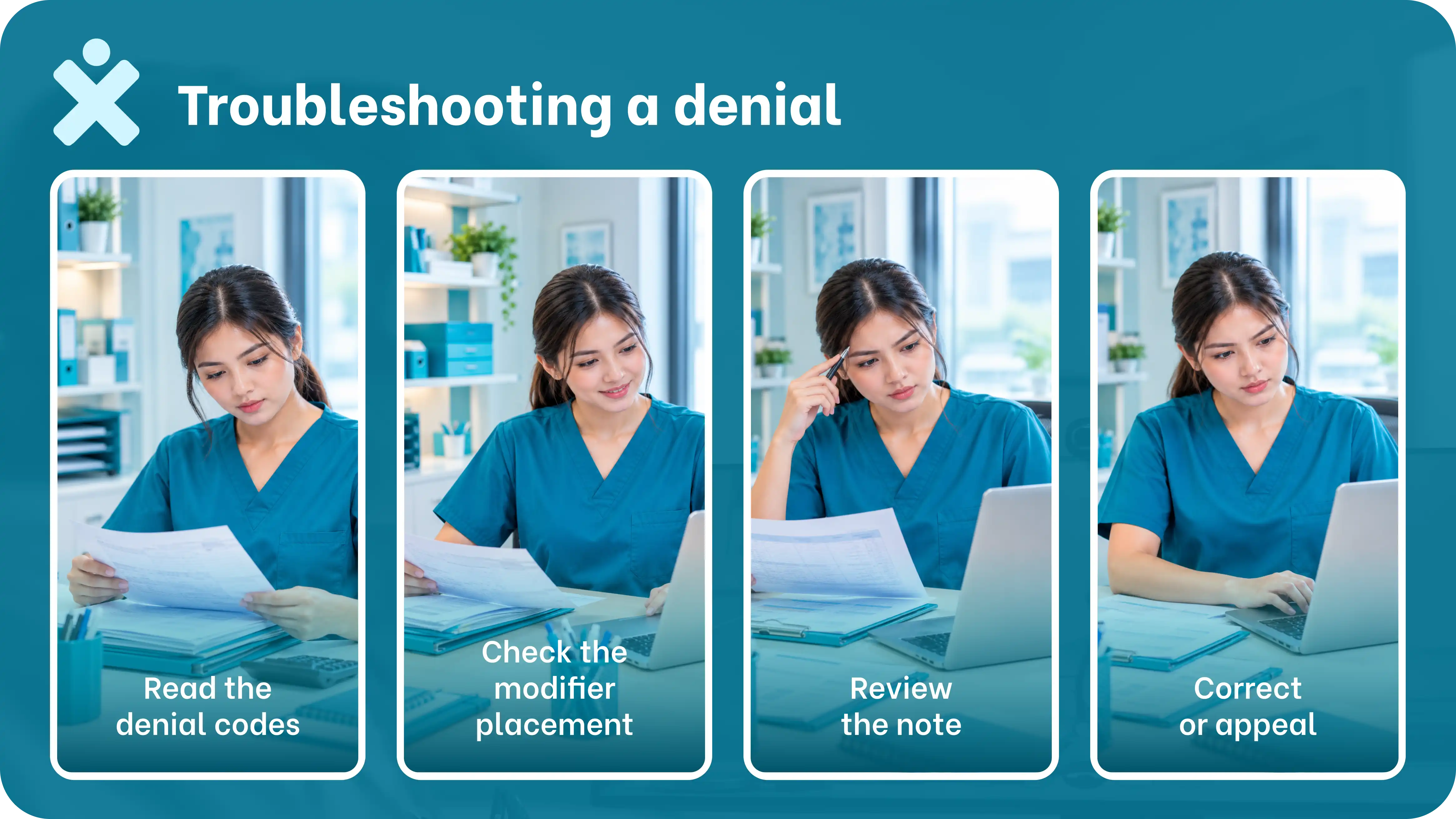 an infographic showing 4 steps for troubleshooting a modifier 25 denial.