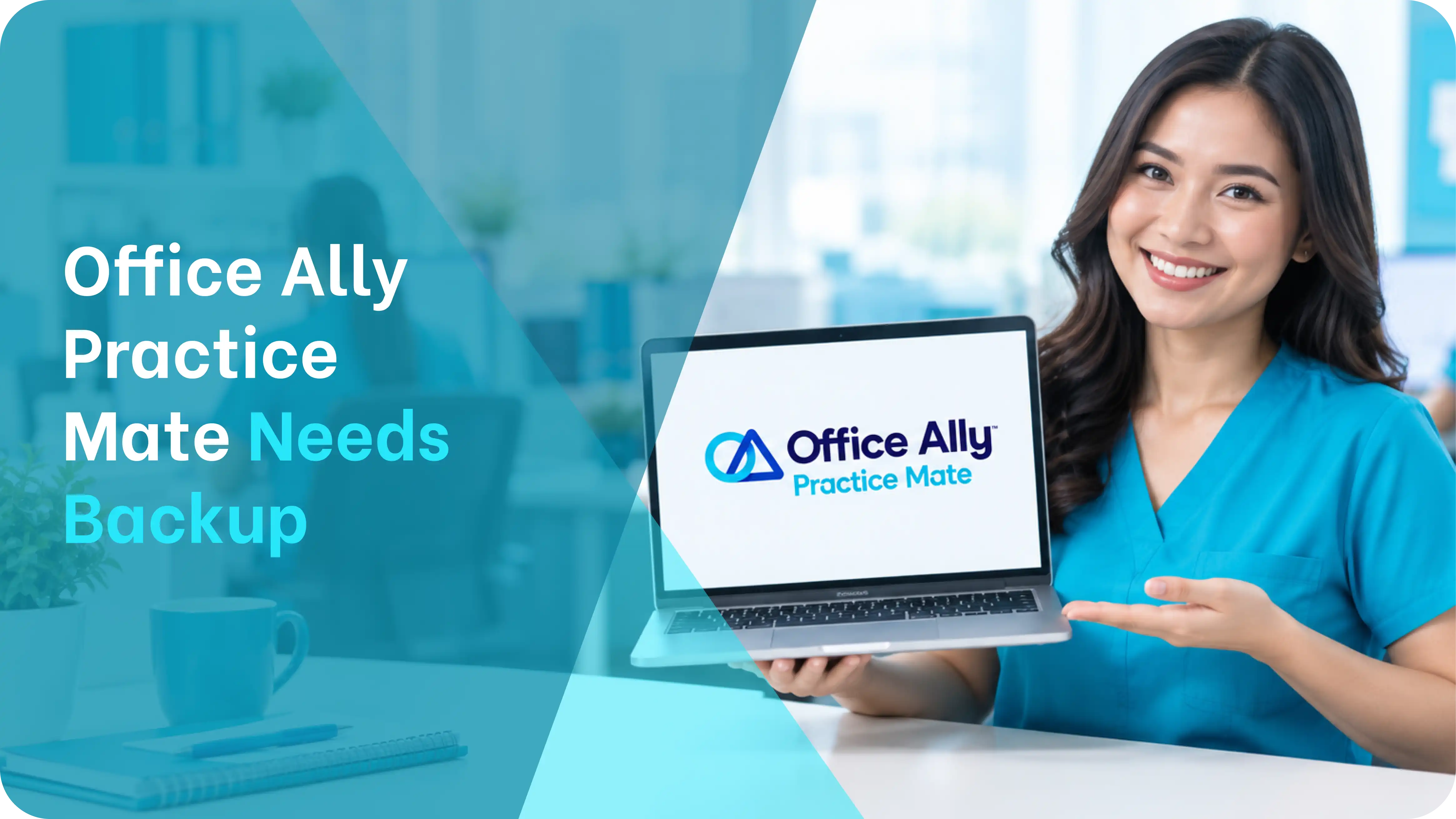 a medical billing staff member presenting a laptop showing the office ally practice mate logo