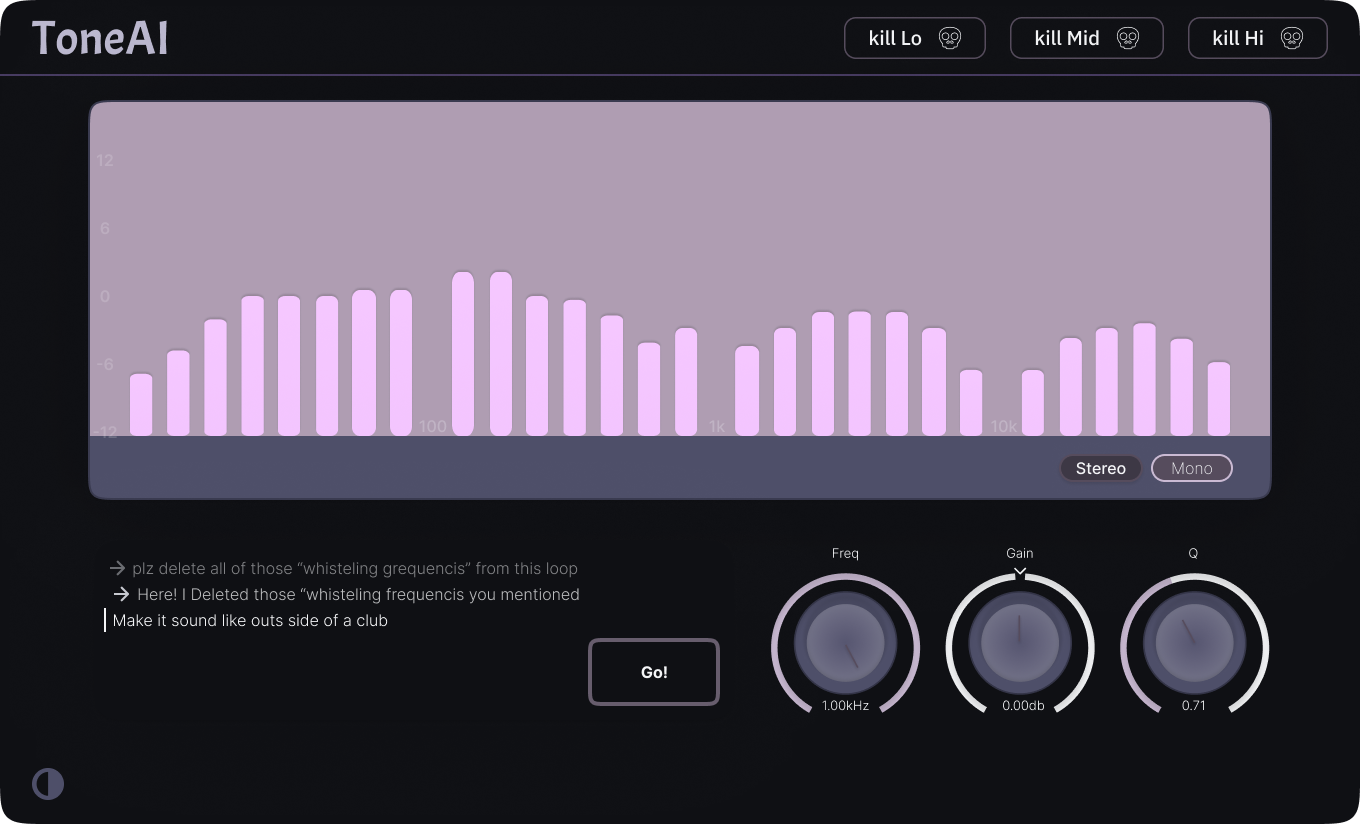 Tone AI interface: equalizer bars, a text prompt field and Freq, Gain and Q knobs