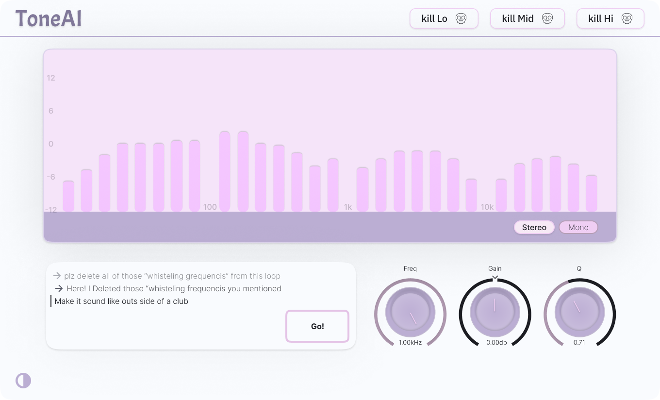 Tone AI in light mode: equalizer bars above a chat-style prompt panel and Freq, Gain and Q knobs