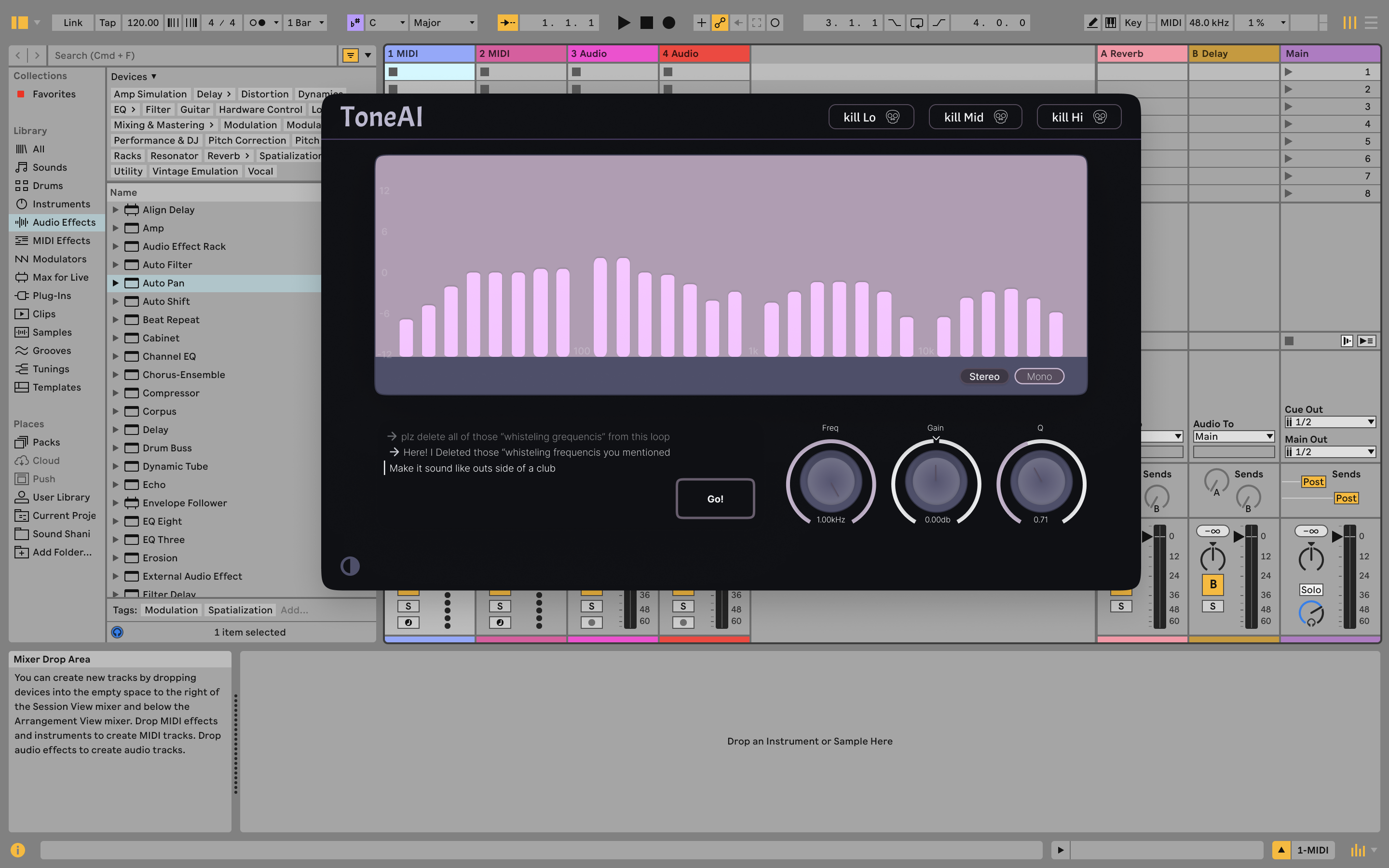 Tone AI running as a plugin window on top of an Ableton Live session