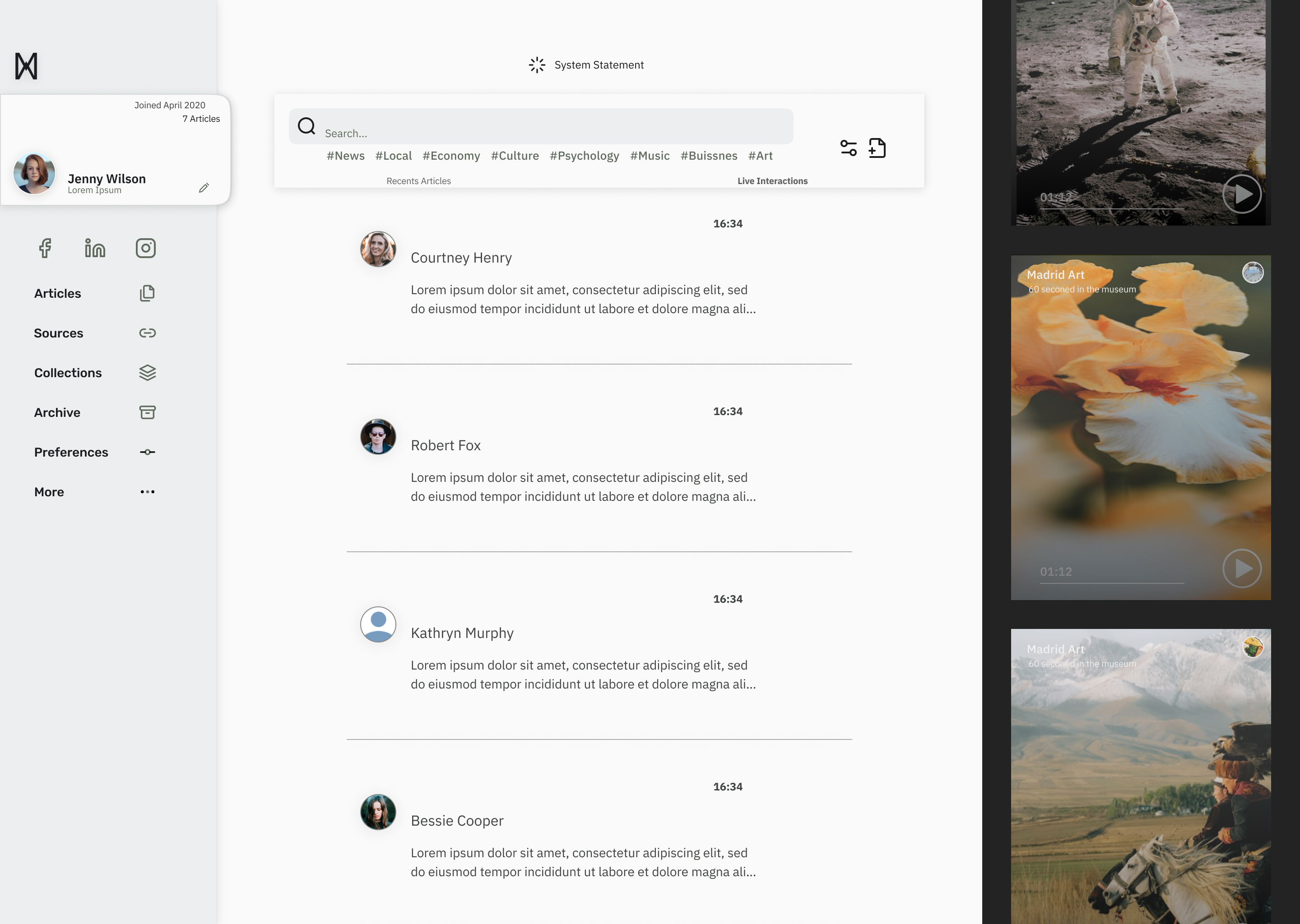 Early exploration: a dashboard layout with a sidebar, an article feed and a media column