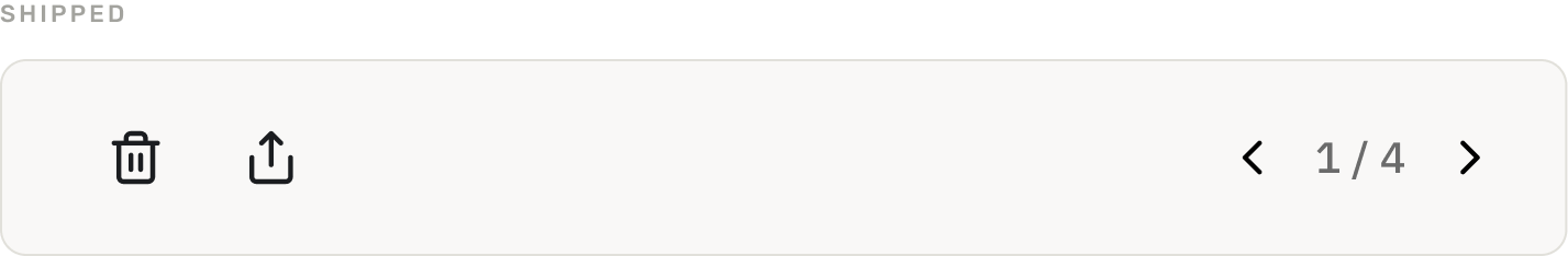 Card footer as shipped: delete and share icons with arrow navigation and a 1/4 counter