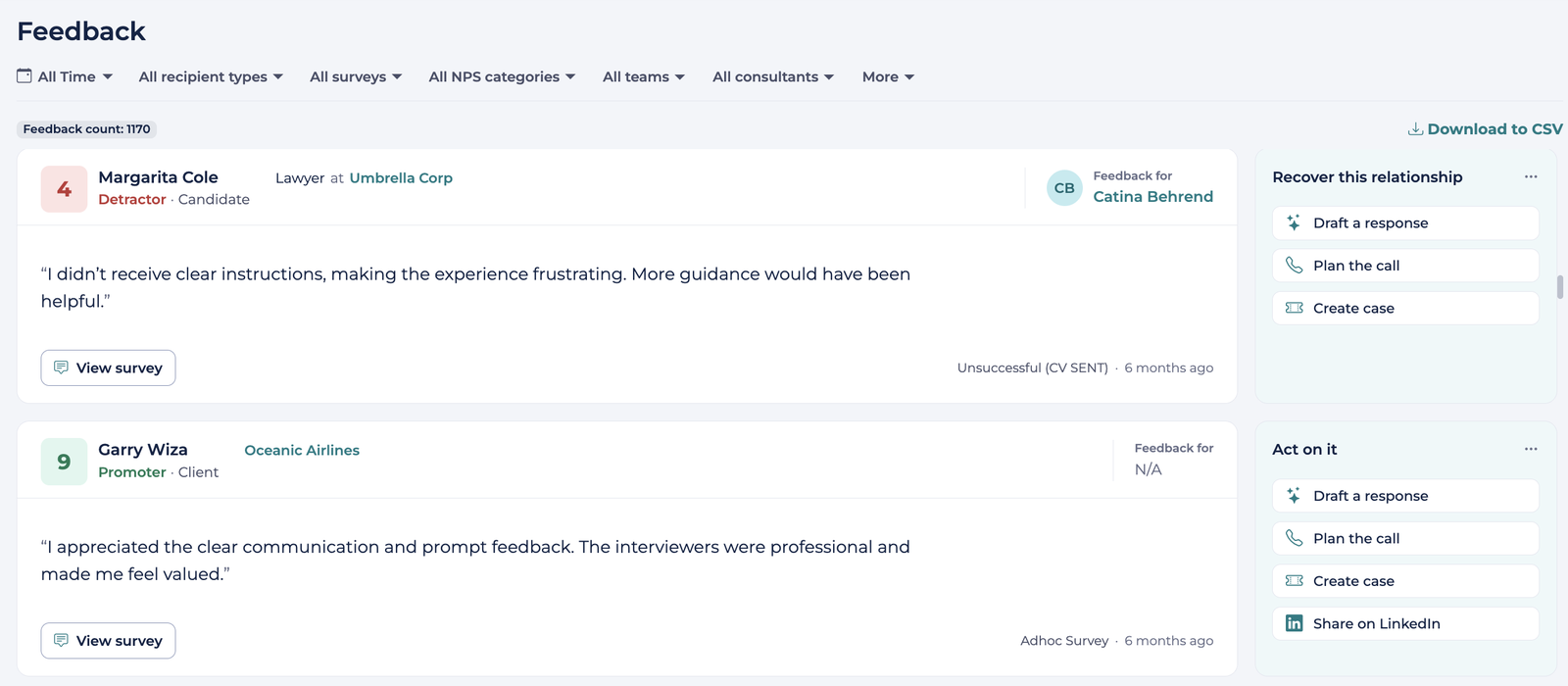 CX Hub feedback view showing a detractor from an unsuccessful candidate and a promoter from a client, each with suggested actions such as draft a response, plan the call and create a case