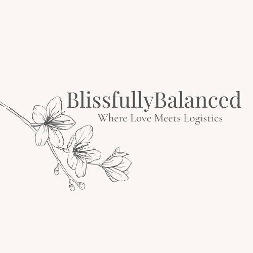 BlissfullyBalanced logo with floral embellisment and tagline "Where love meets Logistics"