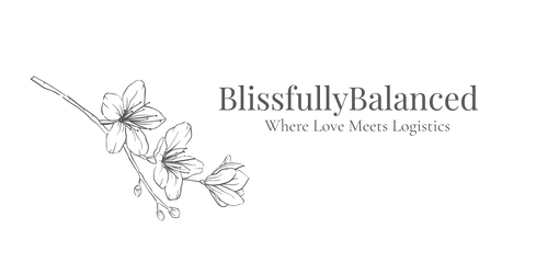 Blissfully Balanced Logo, a flower to the left with text "BlissfullyBalanced. Where Love Meets Logistics."