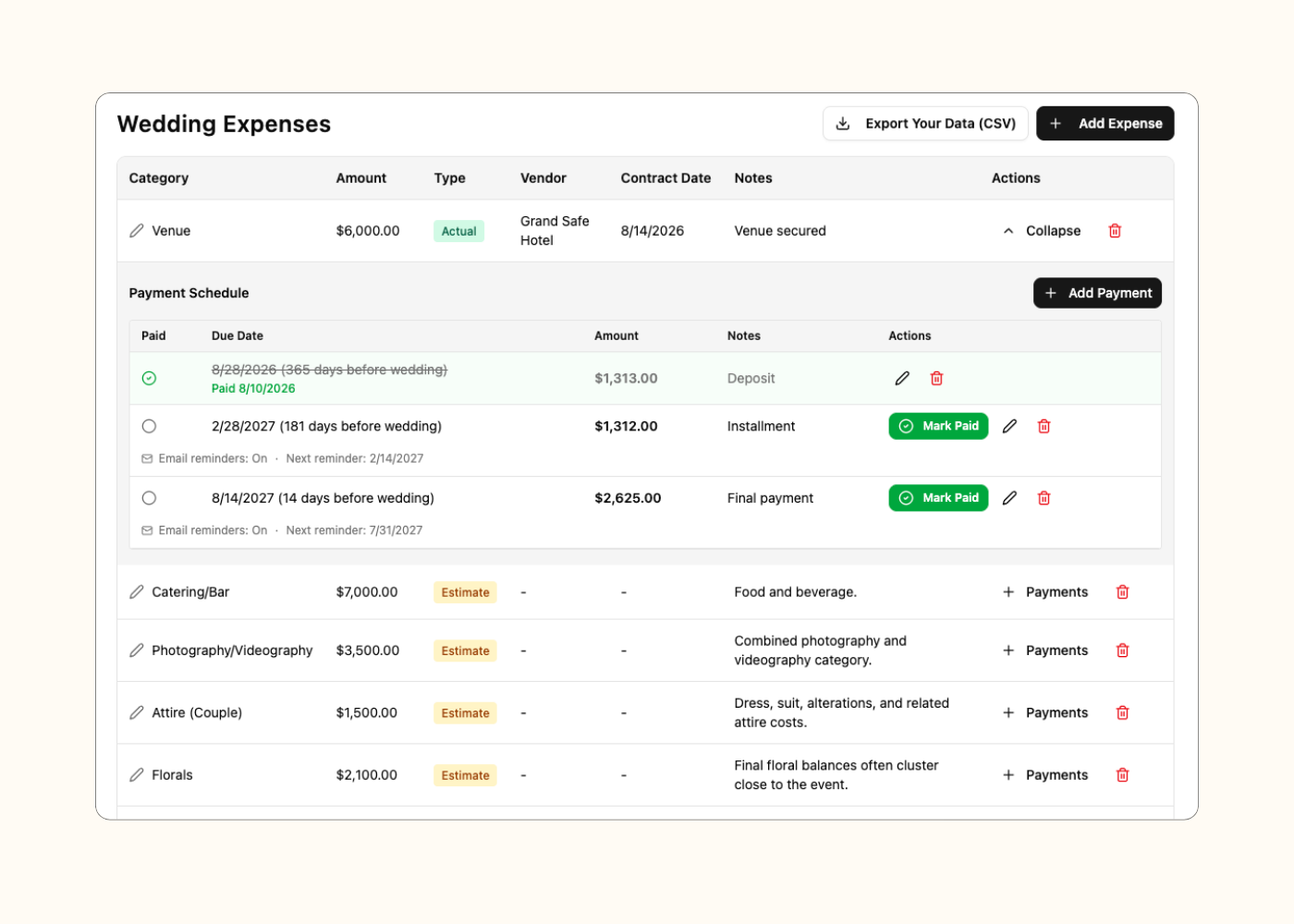 Wedding expenses in BlissfullyBalanced showing estimated and actual costs, vendor details, and a payment schedule.