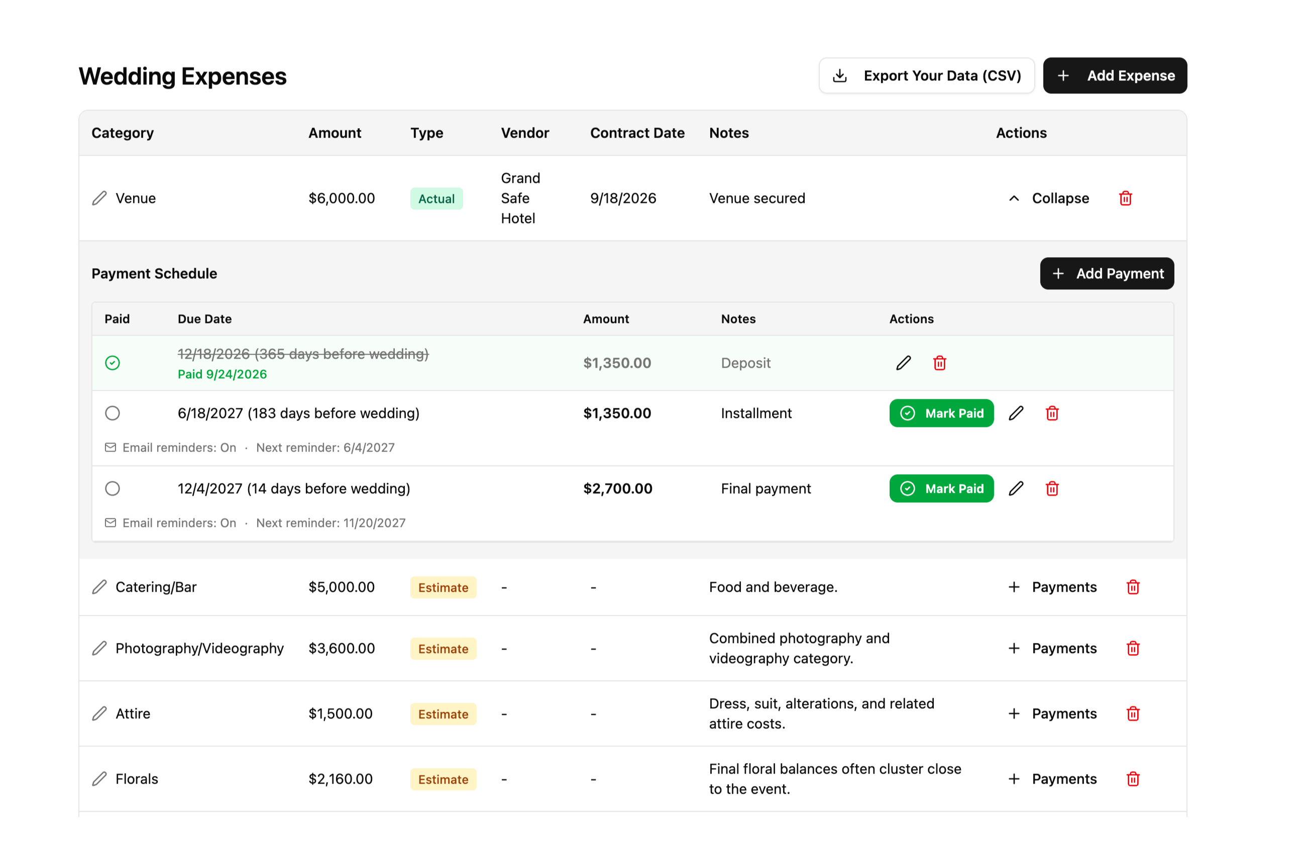 Wedding expenses in BlissfullyBalanced showing estimated and actual costs, vendor details, and a payment schedule.