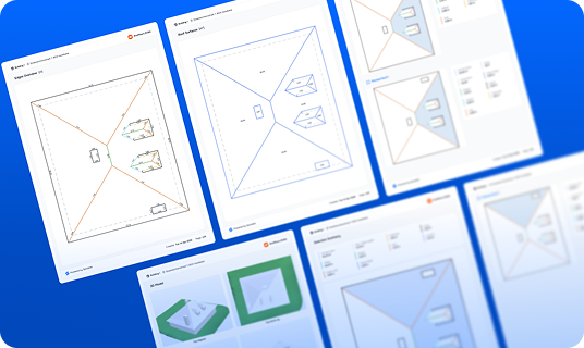 Your 3D model and measurement selections can now be exported directly to PDF and Excel.  picture of pdf exported roof measurements reports