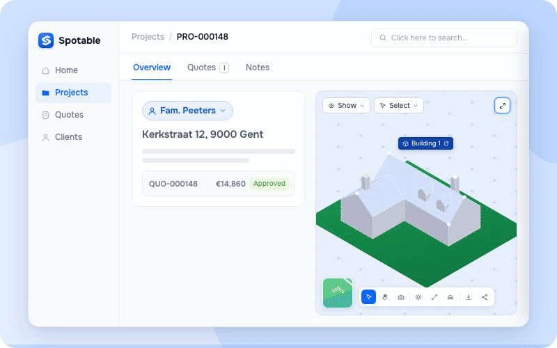 The client side panel with projects and quotes