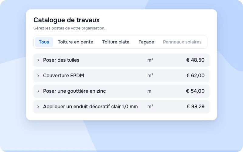 Le catalogue de travaux avec la catégorie Façade