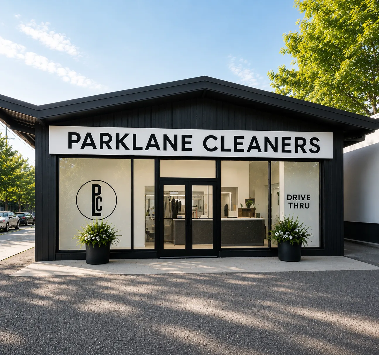 Modern black building with large windows labeled Parklane Cleaners and drive-thru service sign.