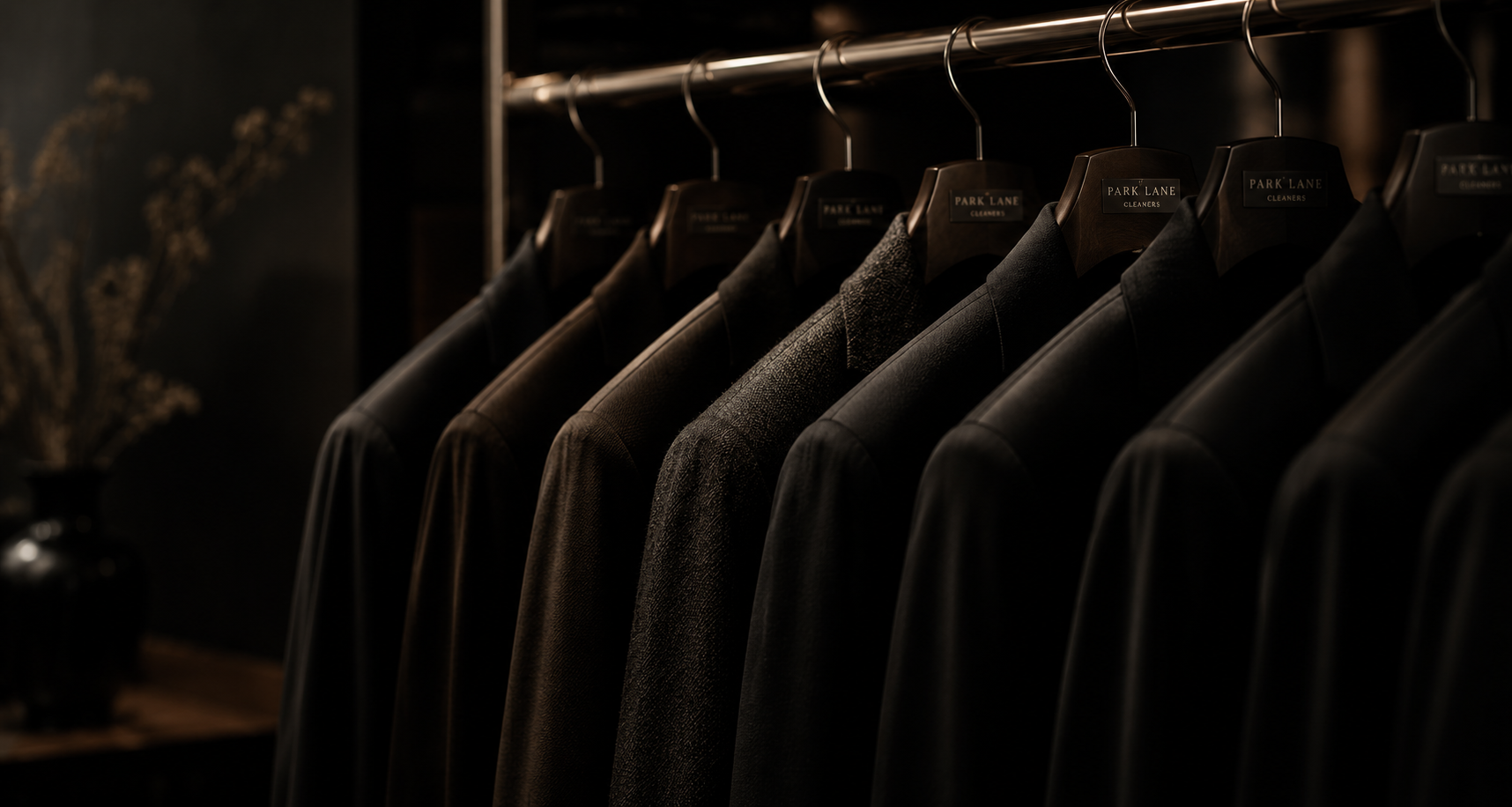 Dark-colored men's jackets on Park Lane Cleaners hangers arranged on a rack.