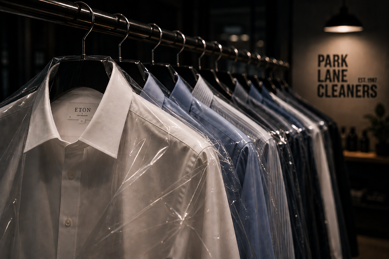 Row of freshly cleaned dress shirts in plastic covers hanging on a metal rack at a dry cleaner.