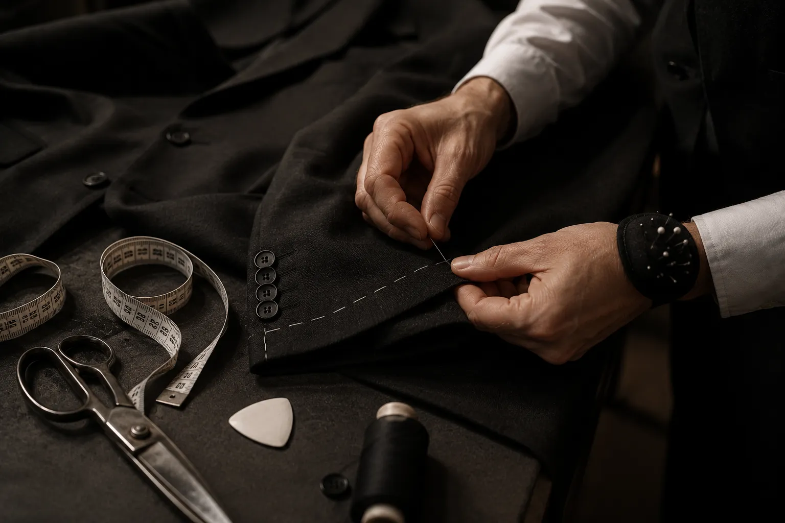 Hands sewing a black jacket sleeve with thread, next to scissors, measuring tape, chalk, and thread spool.