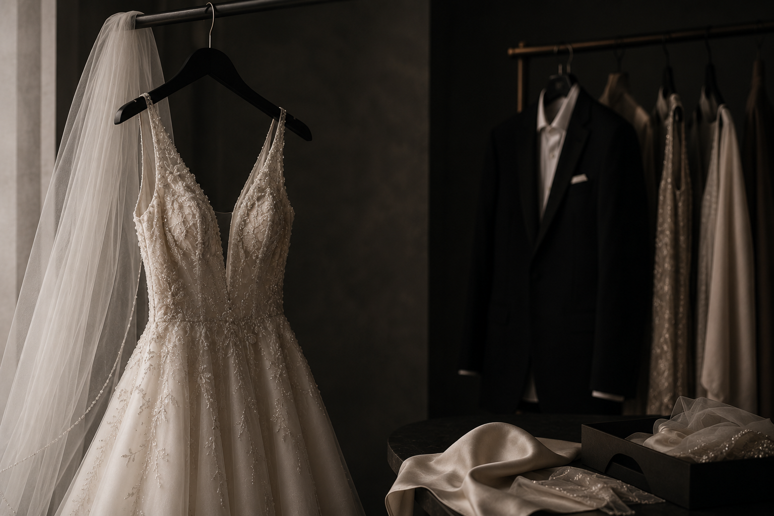 Ivory lace wedding dress with veil hanging next to a groom's black tuxedo and dresses on a rack