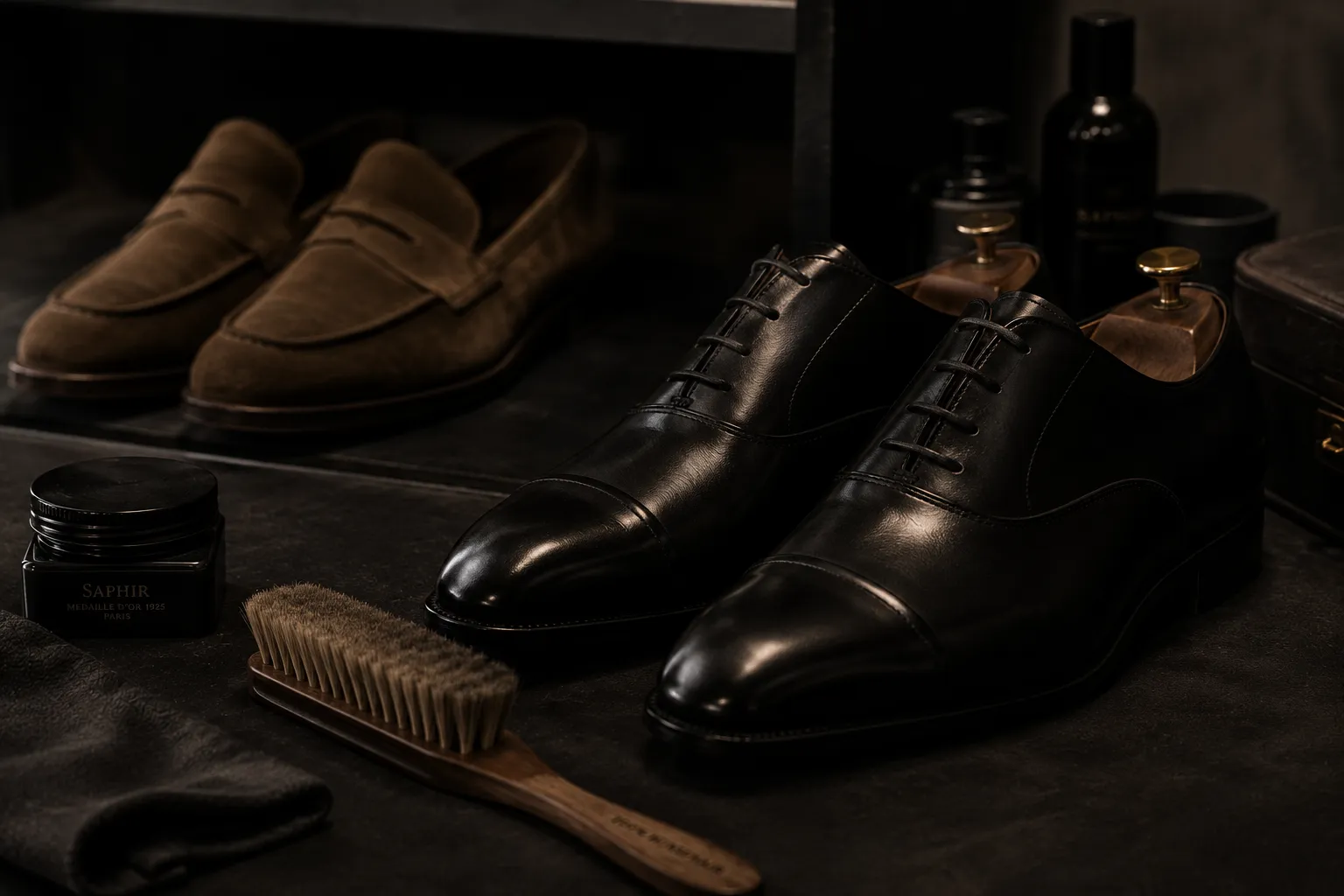 Pair of polished black leather dress shoes with shoe care brush and brown suede loafers nearby.
