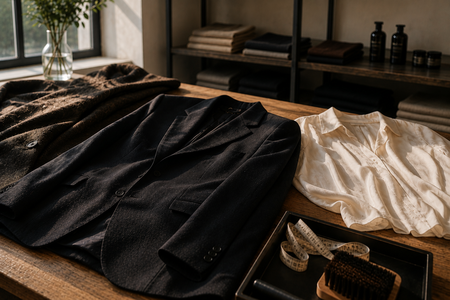 Brown and black jackets and a white blouse laid on a wooden table near a window with folded clothes on shelves behind.