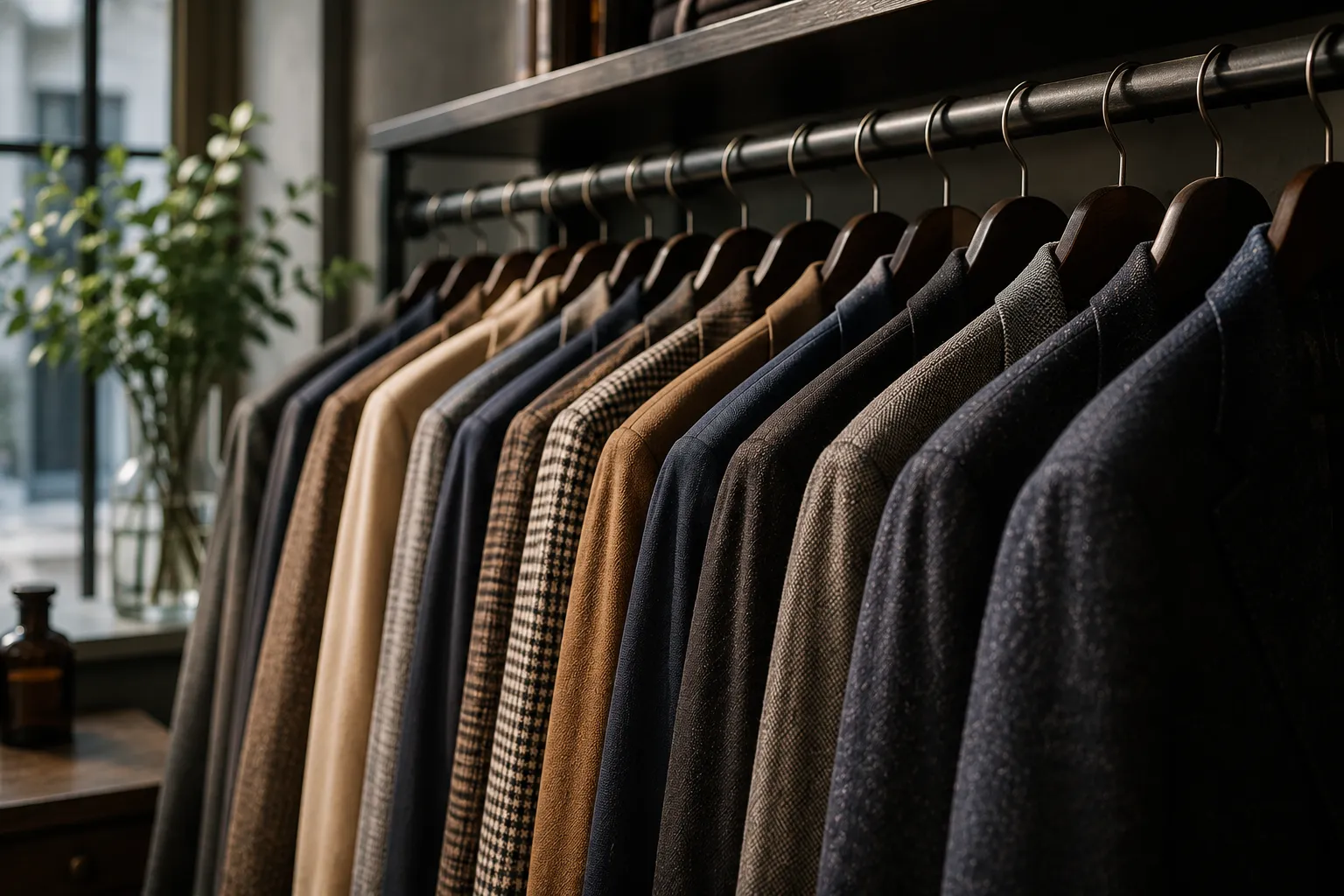 Row of various men's jackets in neutral tones hanging on wooden hangers in a stylish room.