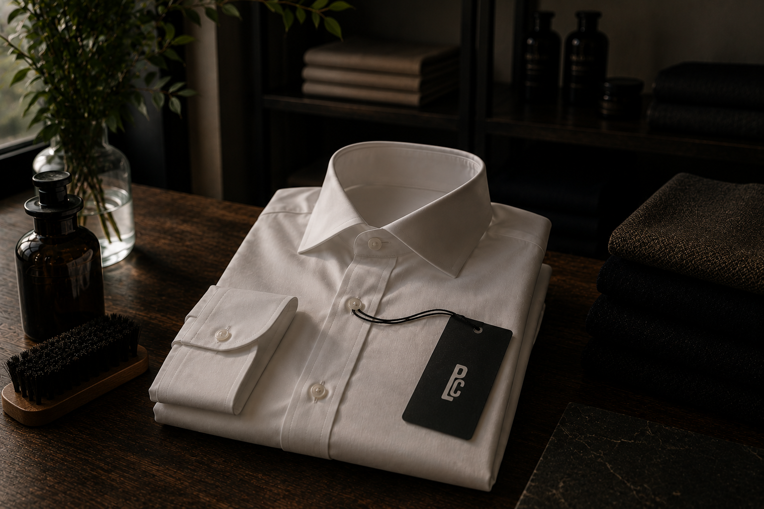 Neatly folded white dress shirt with tag on dark wooden table next to brush and dark bottles.