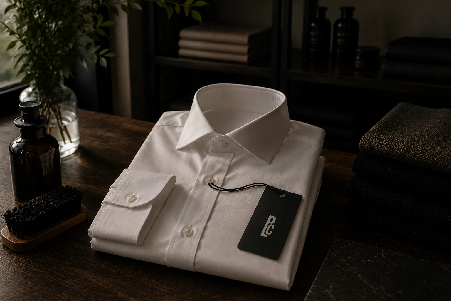 Neatly folded white dress shirt with tag on dark wooden table next to brush and dark bottles.