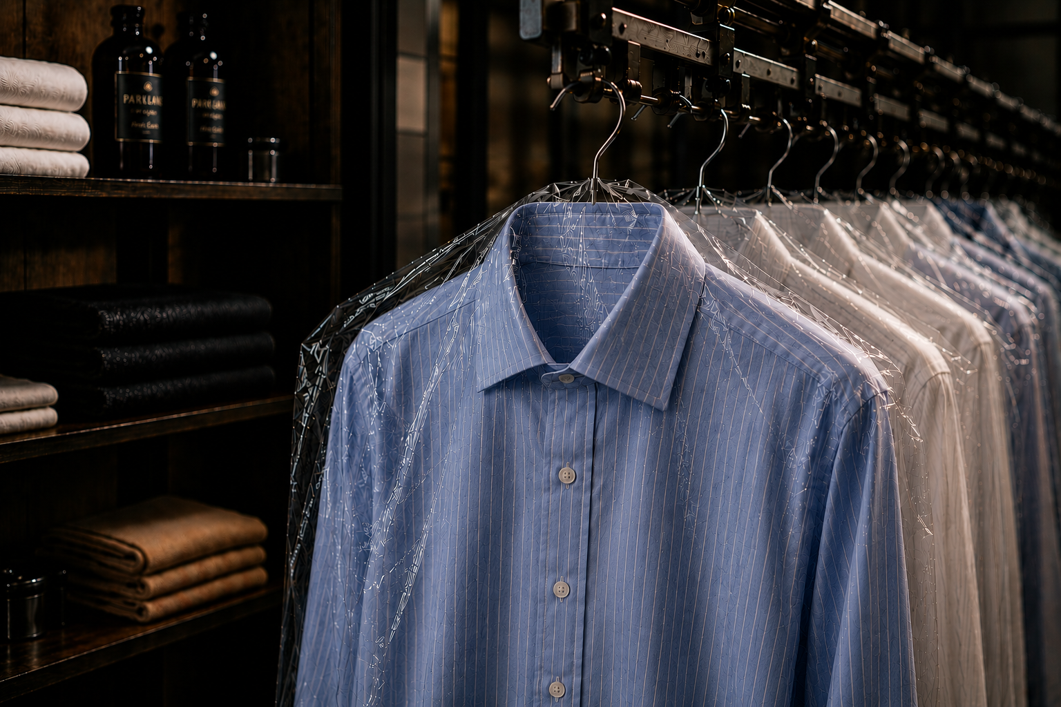 Row of freshly dry-cleaned dress shirts covered in plastic hanging on a rack.