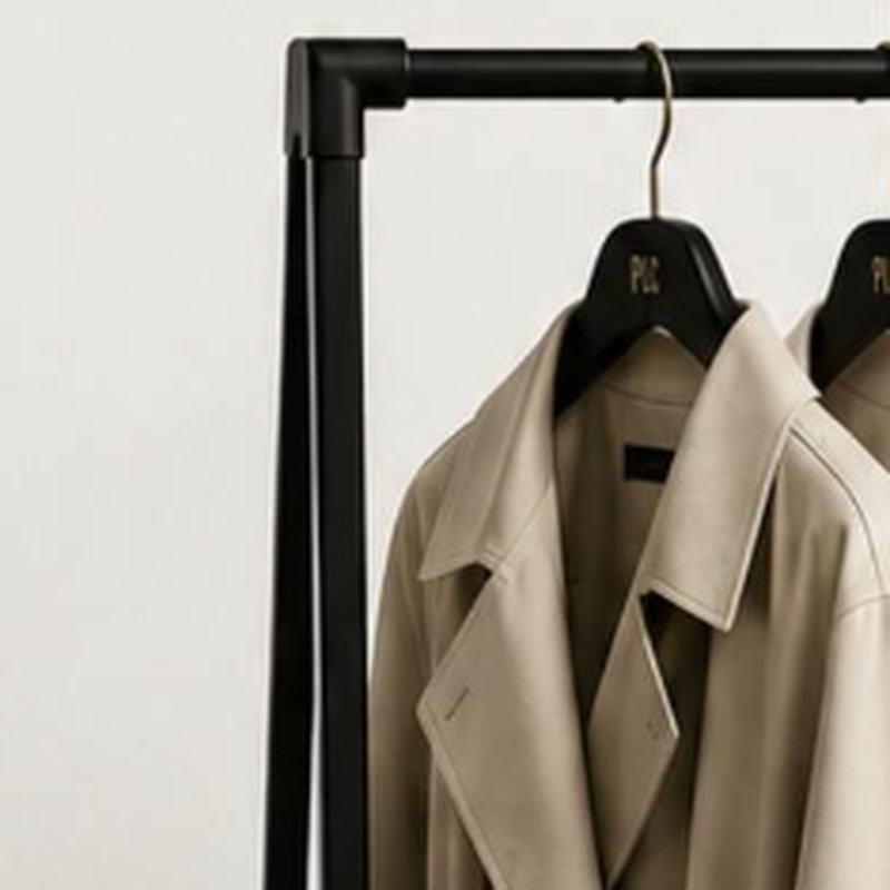 Cream trench coats on Park Lane Cleaners hangers on a black garment rack