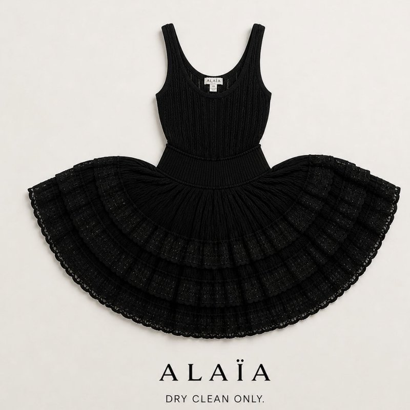 Black Alaïa knit dress laid flat on a beige background