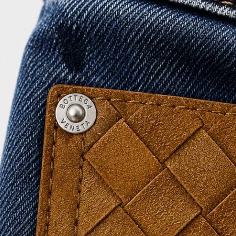 Close-up of Bottega Veneta jeans with woven leather pocket detail