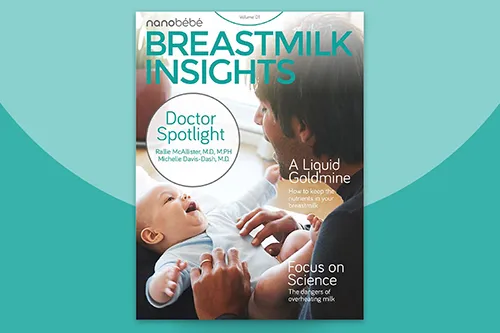 The cover of a magazine designed by a creative marketing agency, featuring a father and baby with the title nanobébé breastmilk insights.