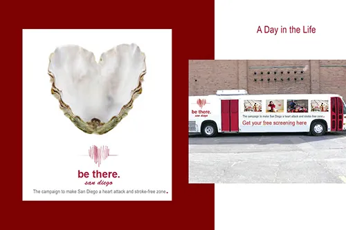 An advertisement made by a creative marketing agency for Be There San Diego, featuring an image of a heart-shaped shell, and a bus.