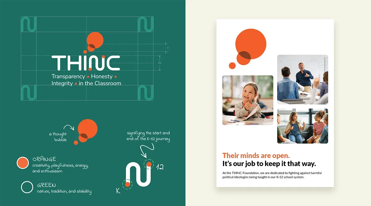 Advertisement with a logo and sketch on a green background and pictures of classroom settings on a white background designed by a marketing agency.